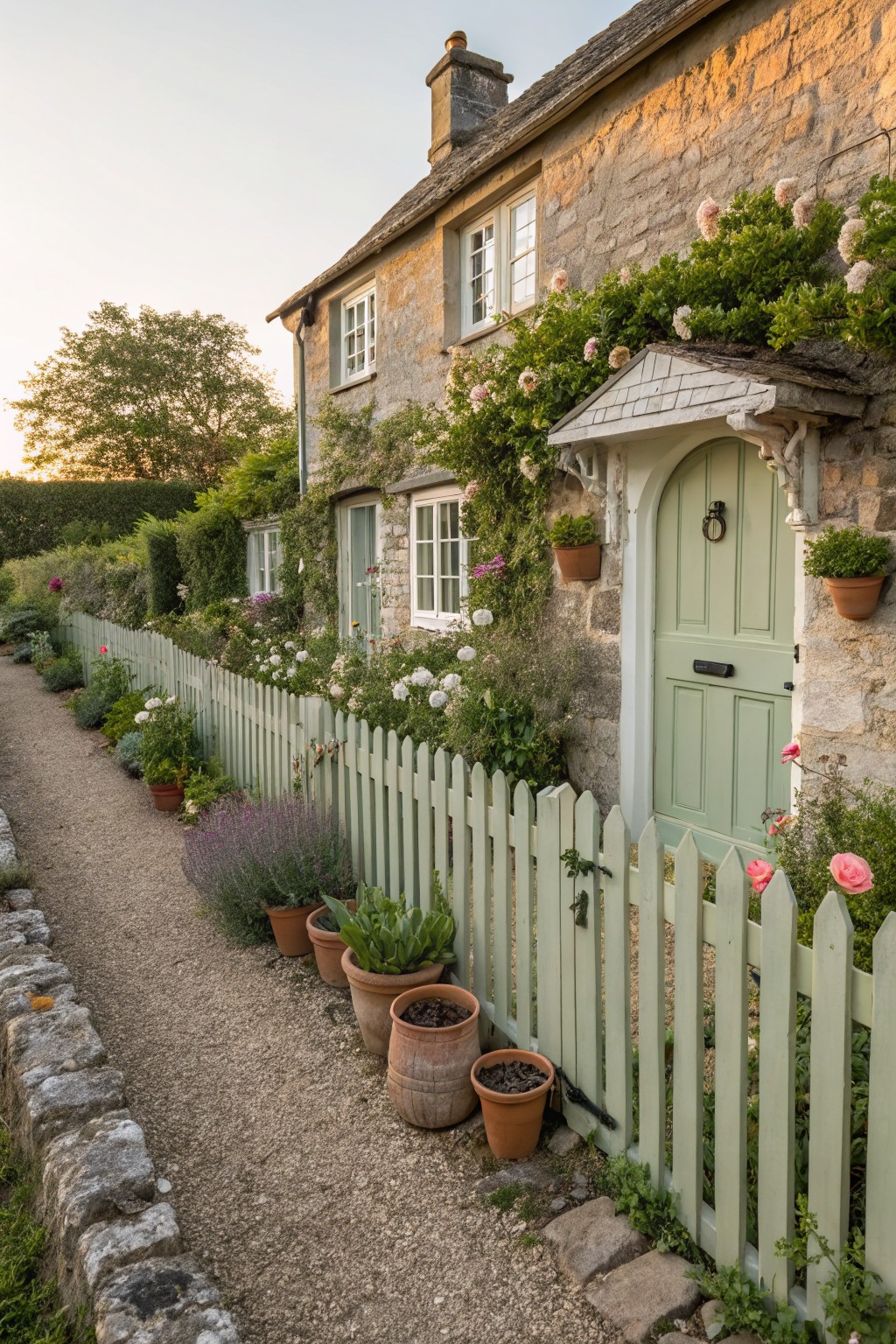 Stone cottage exterior with sage green arched door and windows, approached by gravel path edged in pale green picket fence with flower borders, climbing plants, and terracotta pots.
