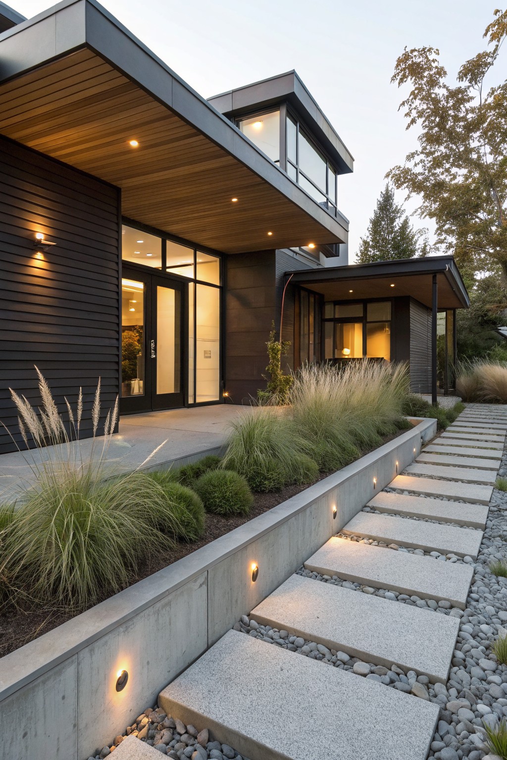 Modern black-clad house with wood ceiling overhang and glass entry doors, approached by linear large stone pavers set in gravel along a concrete retaining wall edged with tall ornamental grasses and shrubs.