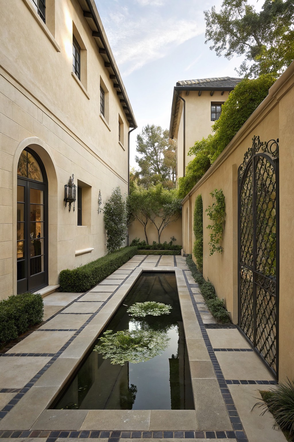 Narrow courtyard between beige stucco walls featuring a long rectangular reflecting pool with water lilies along a stone tile pathway, flanked by trimmed hedges, climbing vines, and a wrought iron gate at the end.