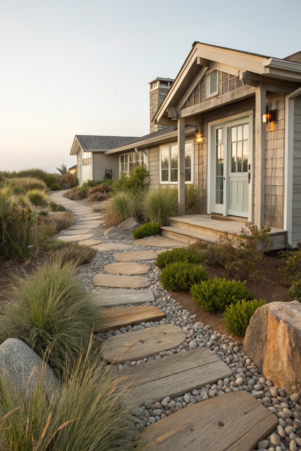 Shingle-clad house with gabled entry porch and blue door, approached by winding path of irregular stone and wood stepping stones set in white gravel amid tall grasses, rocks, and shrubs at dusk.