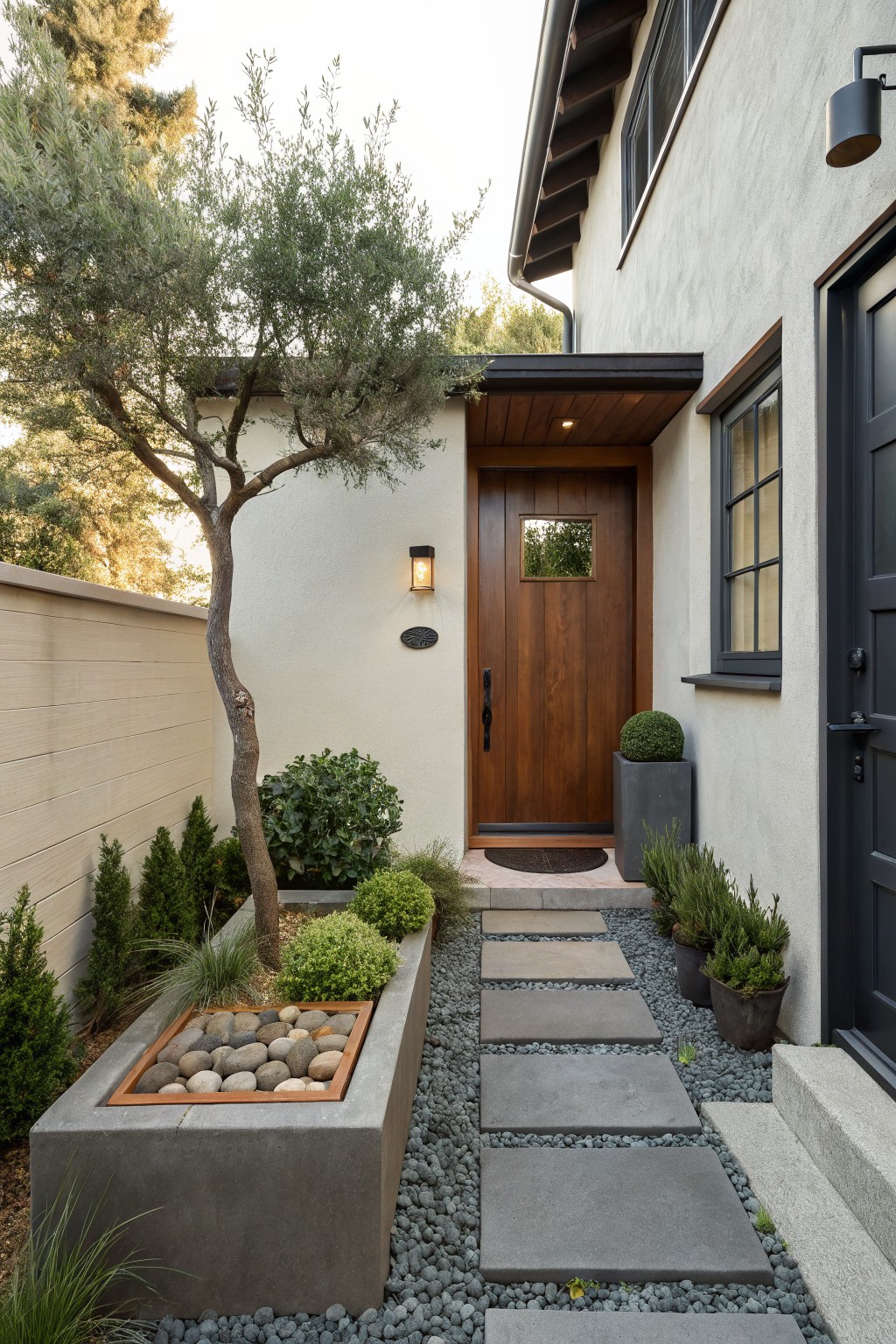 Close-up view of a beige stucco house exterior with a dark wooden entry door, a pathway of large rectangular gray stepping stones set in dark gravel, raised concrete planters with plants and pebbles, olive trees, low shrubs, and a wooden pergola overhang.