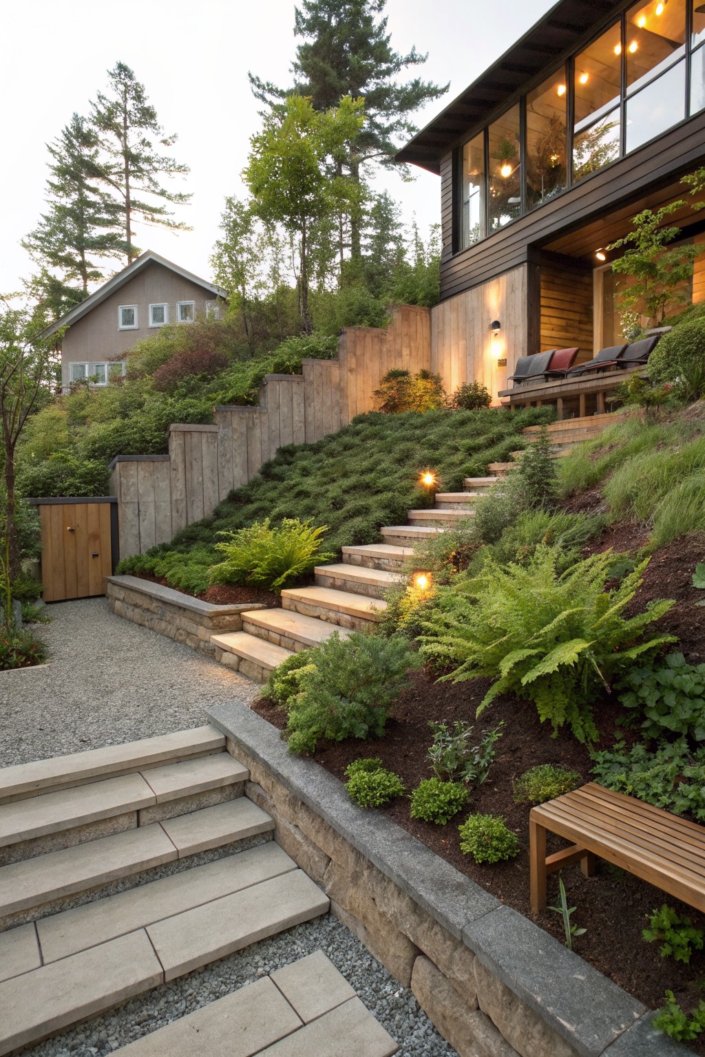 Steep hillside with tiered cedar retaining walls, wide light-colored stone steps ascending through lush green plantings of ferns, grasses, and shrubs, gravel paths, wooden benches, and a modern house visible at the top.