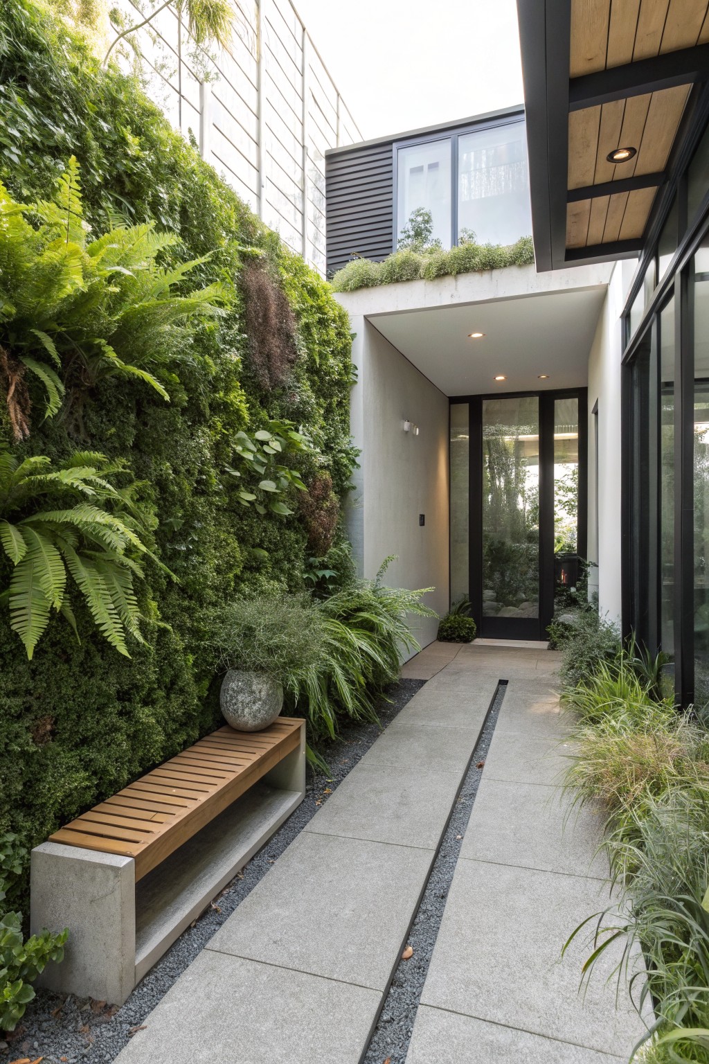 Narrow concrete pathway with gravel channel leading to a modern black-framed glass entry door, flanked by a tall vertical wall covered in dense green ferns and plants, wooden bench on one side, and assorted potted and ground plants nearby.
