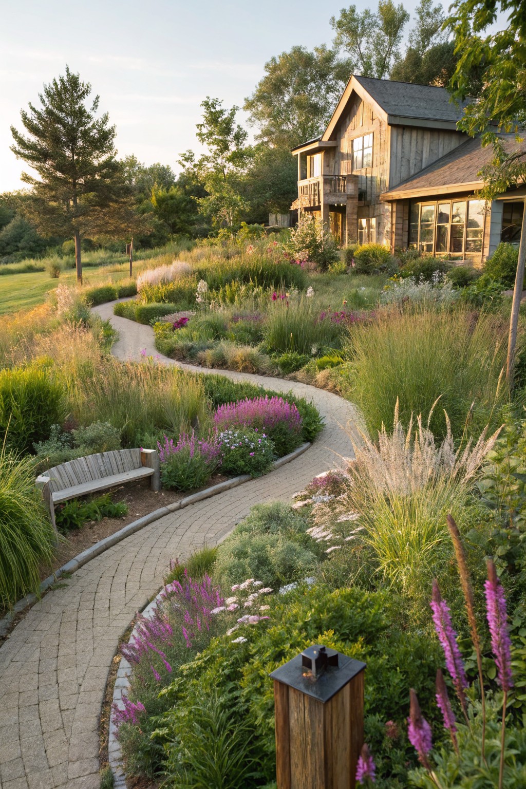 A curving brick path winds through garden beds filled with tall ornamental grasses, pink flowers, shrubs, and a wooden bench, leading toward a rustic wooden house on a green hillside.