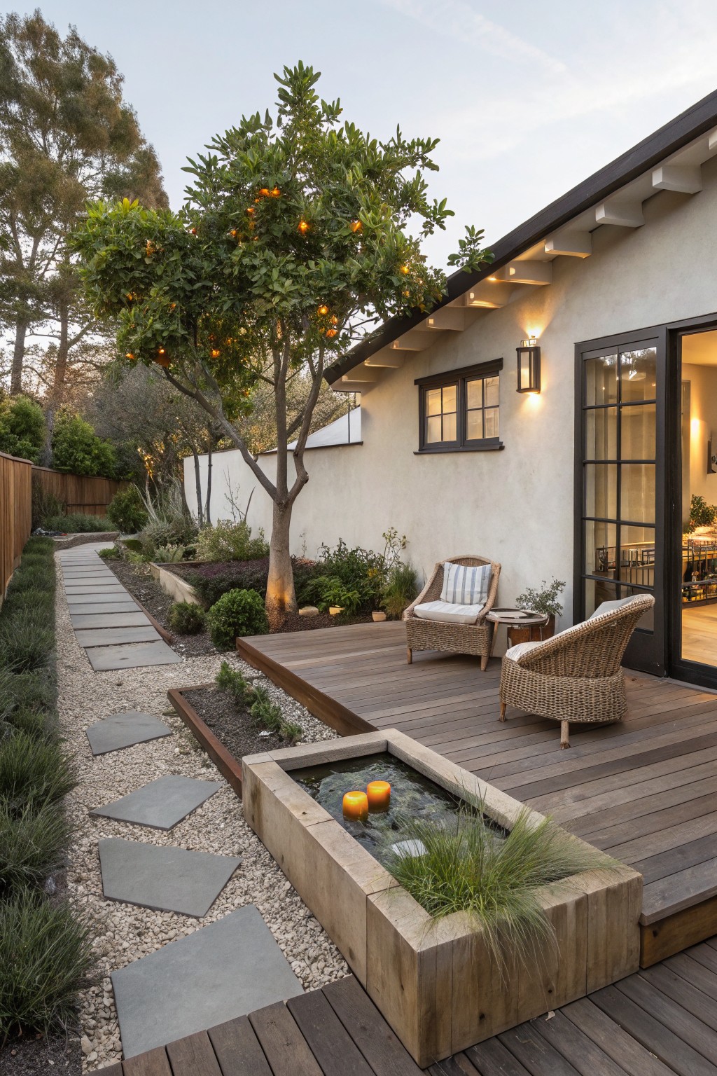 Side view of a stucco house with wooden deck holding rattan chairs and a rectangular stone water planter with plants and floating candles, adjacent to a gravel yard edged by low shrubs and a meandering path of irregular gray stone pavers leading past orange trees.