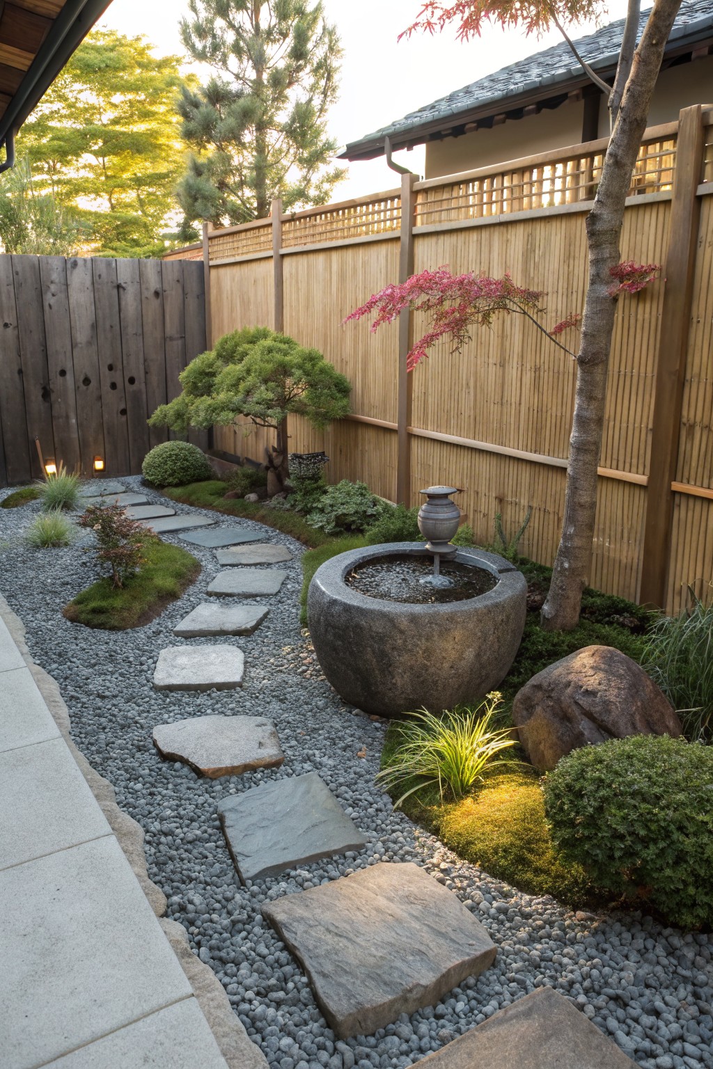 Small enclosed garden with curved path of irregular gray stone slabs set in gray pea gravel, central gray stone basin fountain with water spout, bonsai trees, low shrubs, rocks, and bamboo and wood fencing.