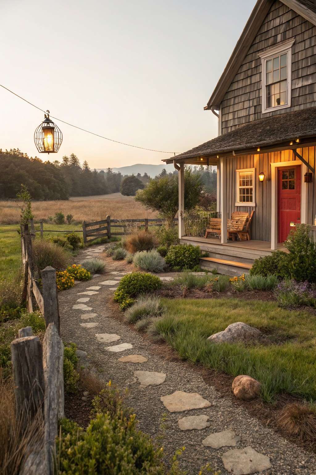 Shingle-clad house with porch, red door, and hanging lantern, approached by a curving flagstone path edged with grasses, shrubs, and flowers in a fenced front yard at dusk.