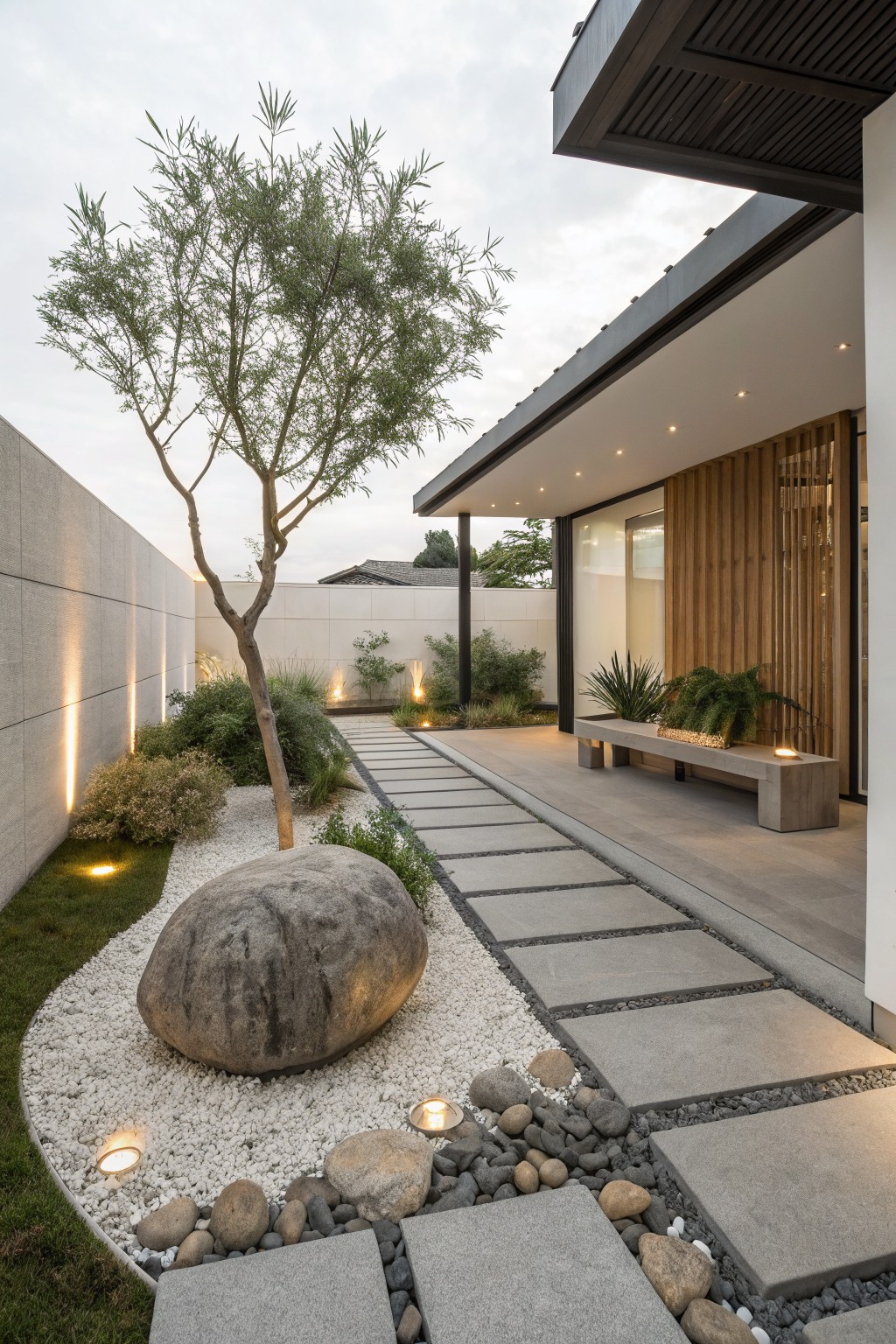 Gray stepping stone path through white gravel and pebbles with a large gray boulder centerpiece, surrounded by low plants, grass edging, pathway lights, and an olive tree, leading to a contemporary house entrance with wood cladding and a bench.
