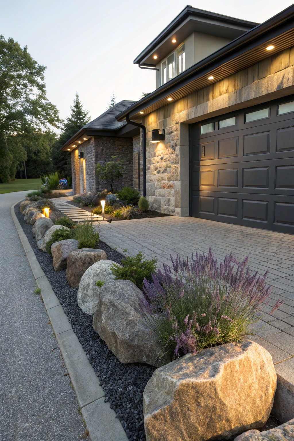 Driveway edged with large boulders, black gravel mulch, lavender plants, and a paver walkway leading to a gray garage door on a stone and wood house exterior at dusk.