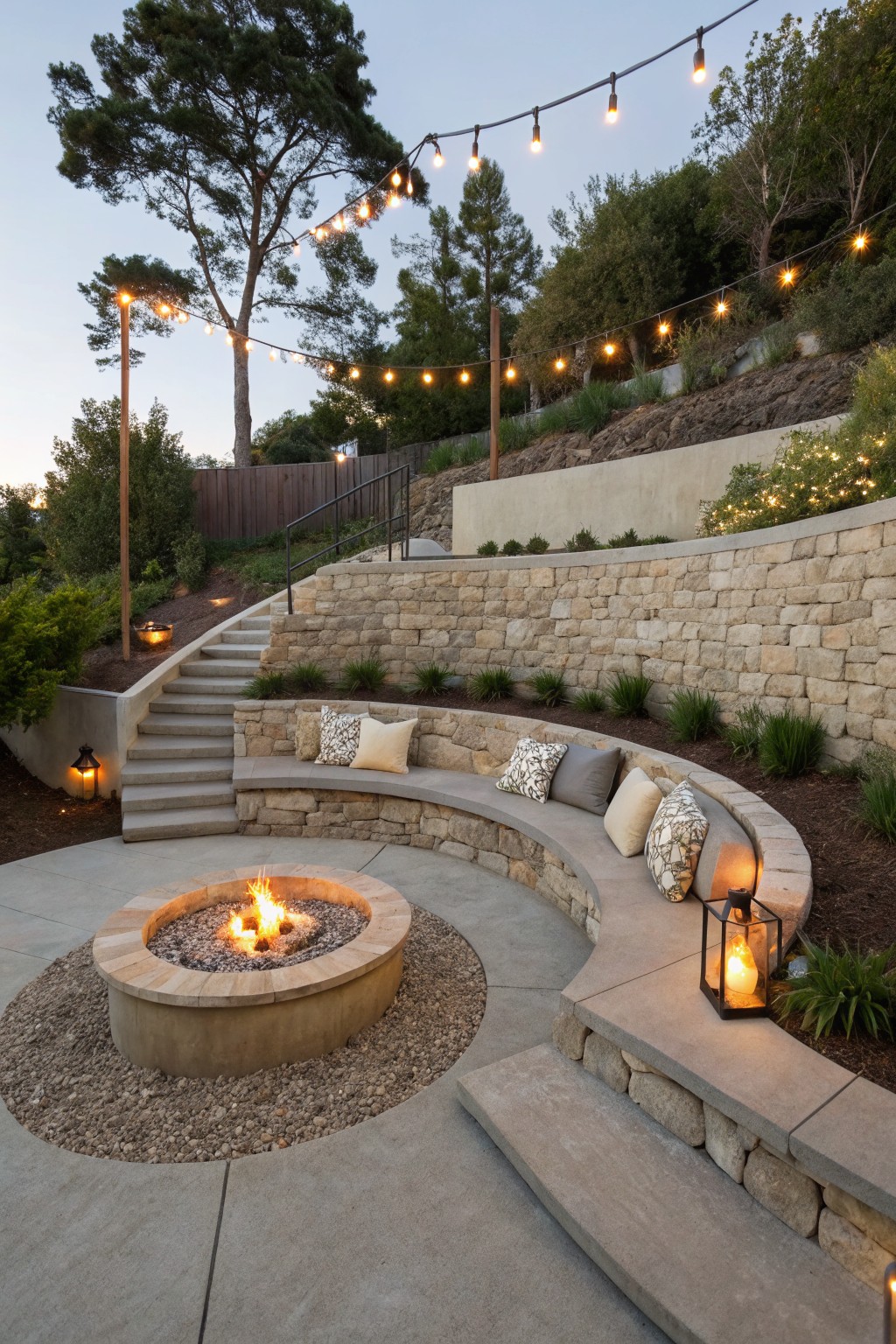 Curved built-in stone bench with cushions surrounds a central gas fire pit on a concrete patio with gravel edging, steps leading up a rock retaining wall, lanterns, string lights, and hillside landscaping.
