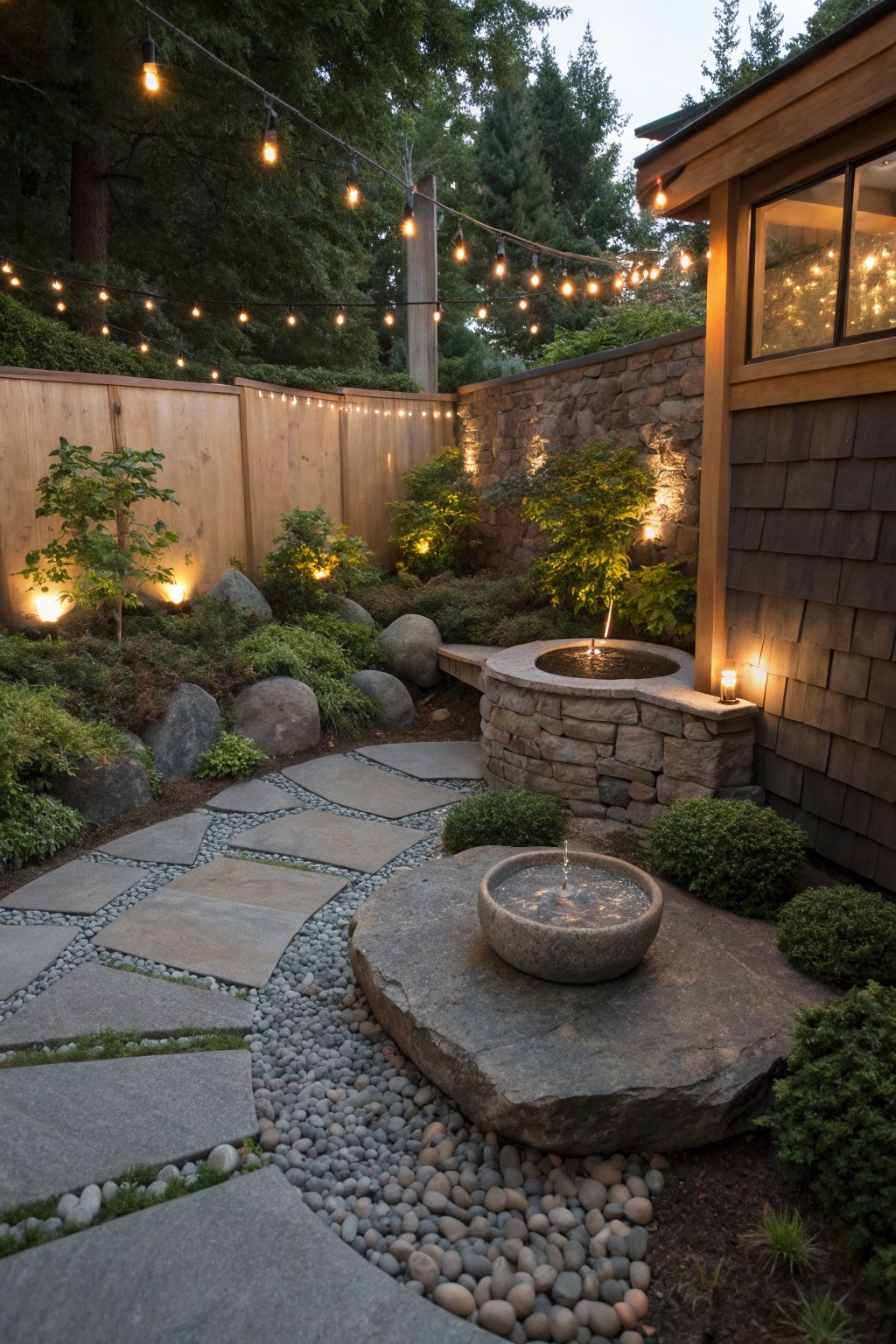 Curved gray flagstone pathway edged in white pebbles winds through a backyard rock garden with large boulders, low shrubs, moss, a stone basin fountain, uplights, string lights overhead, wooden fence, and shingled shed structure at dusk.