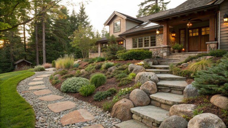 Winding flagstone path edged with large boulders, gravel, and low plants on a sloped hillside leading to a stone house entrance with lanterns.