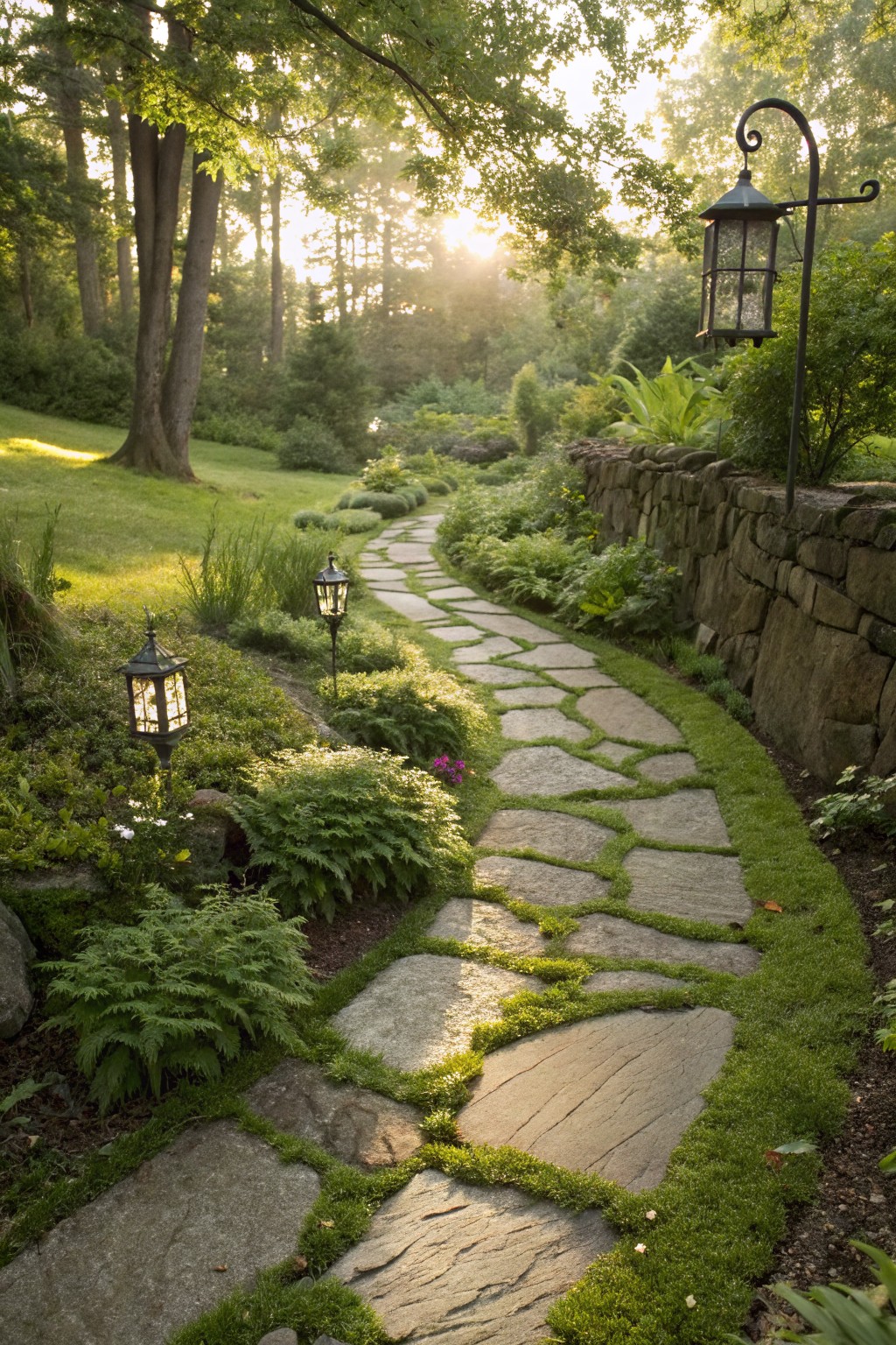 Winding garden path of irregular gray stone slabs with moss and grass in the gaps, edged by ferns, plants, and lanterns next to a stone wall amid trees.