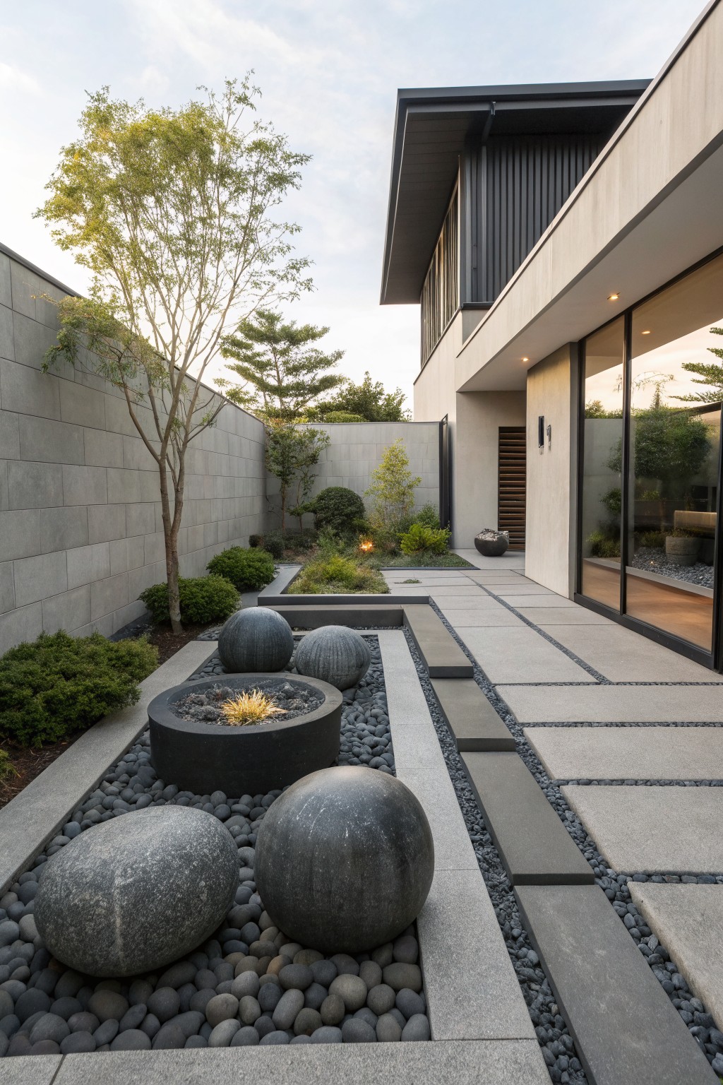 Modern courtyard with large black spherical boulders in gravel beds around a central fire pit, gray stone pavers, low shrubs, trees against block walls, and adjacent house with glass doors.