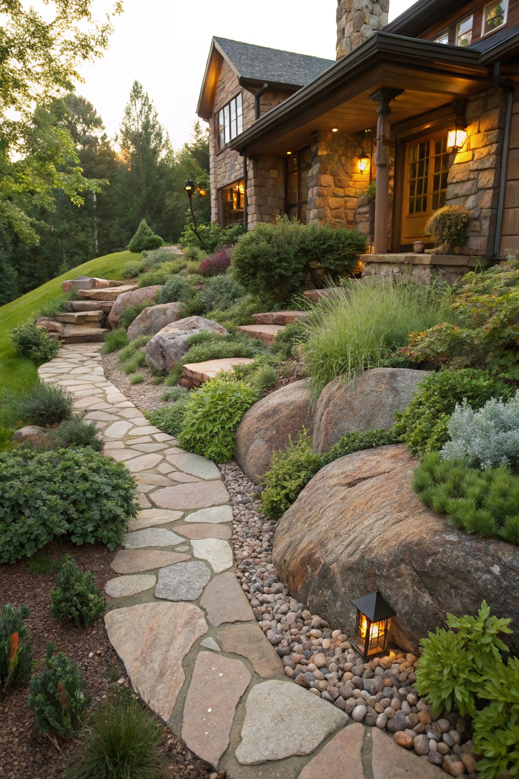 Winding flagstone path edged with large boulders, gravel, and low plants on a sloped hillside leading to a stone house entrance with lanterns.