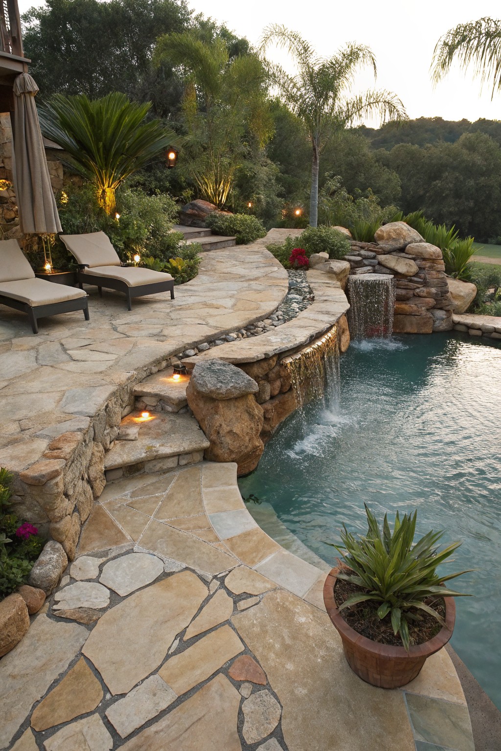 Curved flagstone patio with lounge chairs overlooks a pool featuring a waterfall cascading over stacked boulders and stones into the turquoise water, surrounded by tropical plants and landscape rocks.