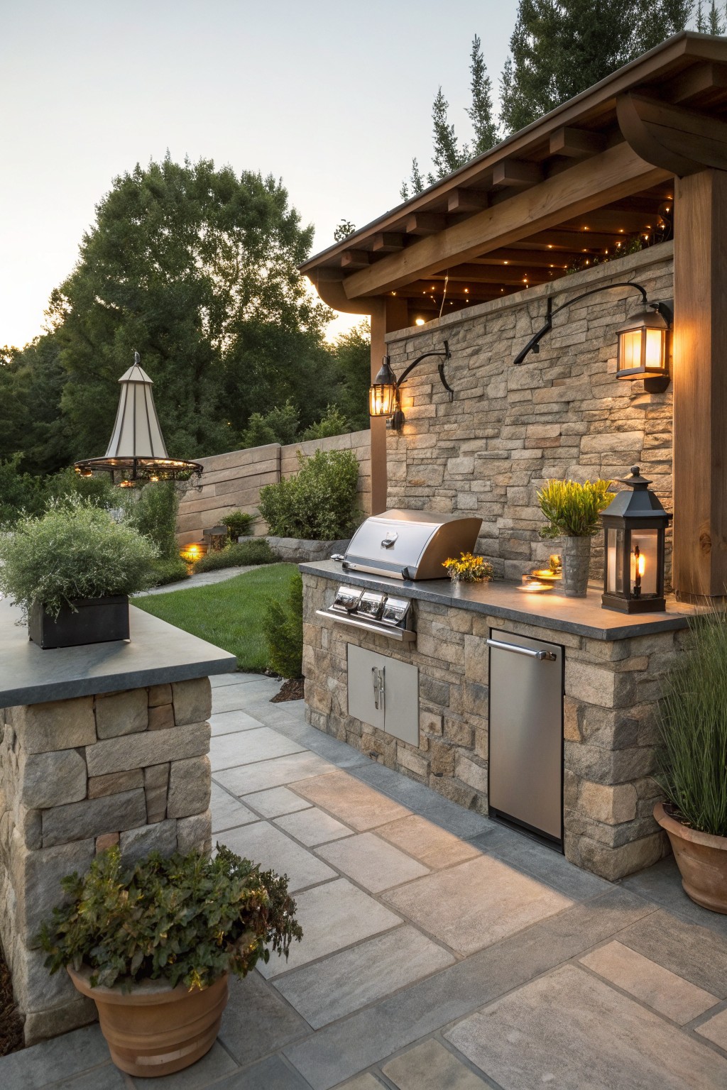 Outdoor kitchen with stainless steel grill and refrigerator integrated into stacked gray stone walls and pillars topped by dark countertop, under wooden pergola with string lights and hanging lanterns, potted plants on bluestone pavers nearby.