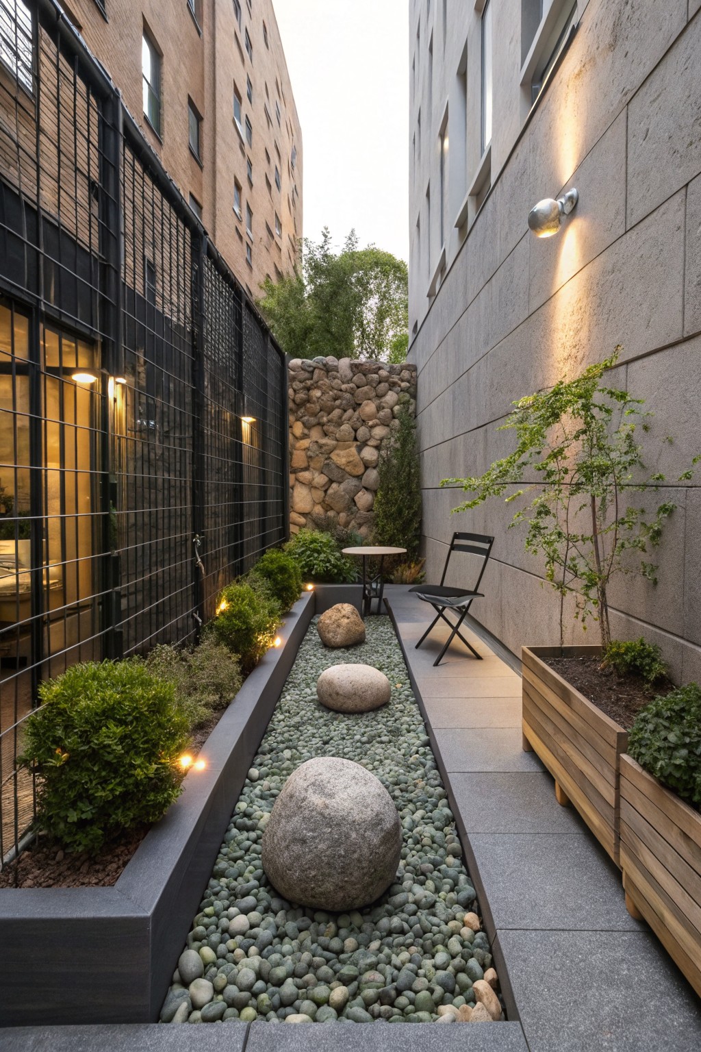 Narrow urban pathway between brick and concrete buildings, with gray pebble ground cover and large round boulders, black planters holding shrubs, a small round table with two folding chairs, black metal fencing, stone walls, and wall lights.
