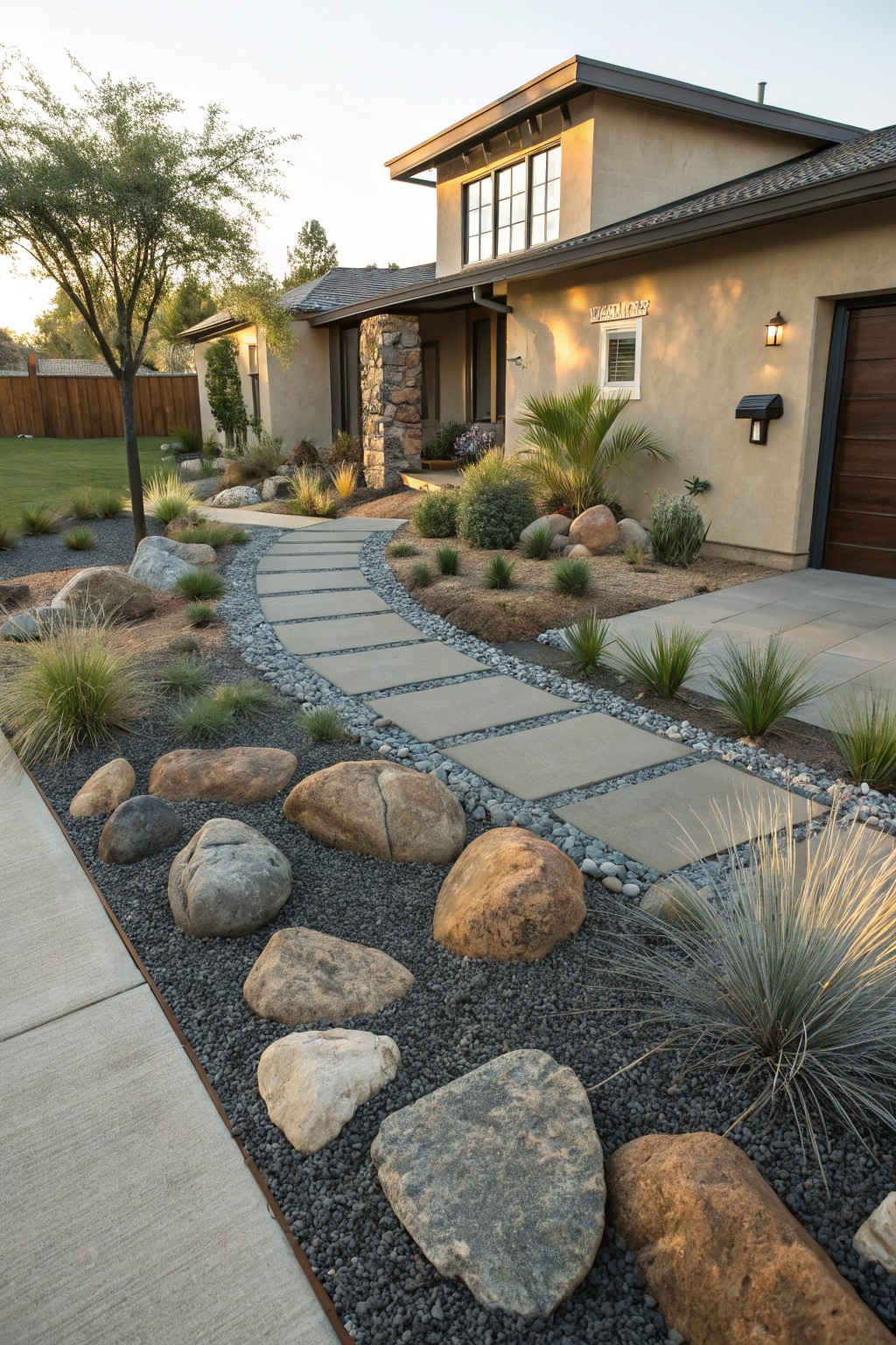 Front yard of a stucco house featuring a curved pathway of rectangular concrete pavers bordered by large boulders, black gravel, and drought-tolerant grasses leading to the entry door and garage.