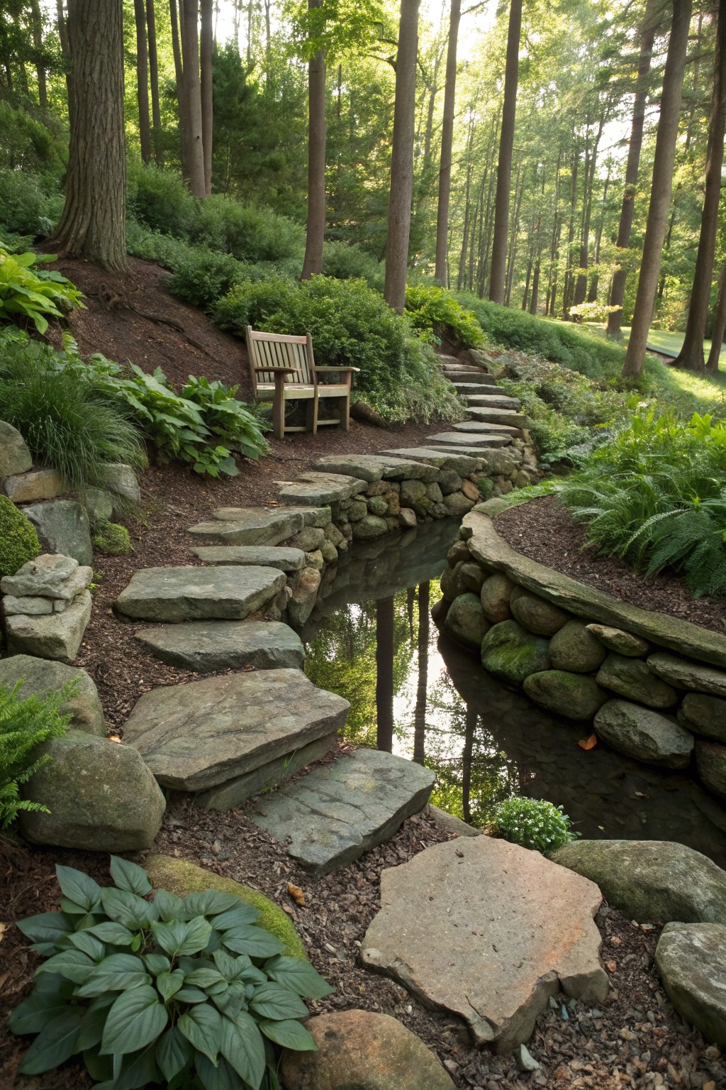A woodland garden path of large irregular flagstone stepping stones crossing a narrow reflective stream, bordered by mossy dry-stacked stone walls and surrounded by ferns, hostas, and trees.
