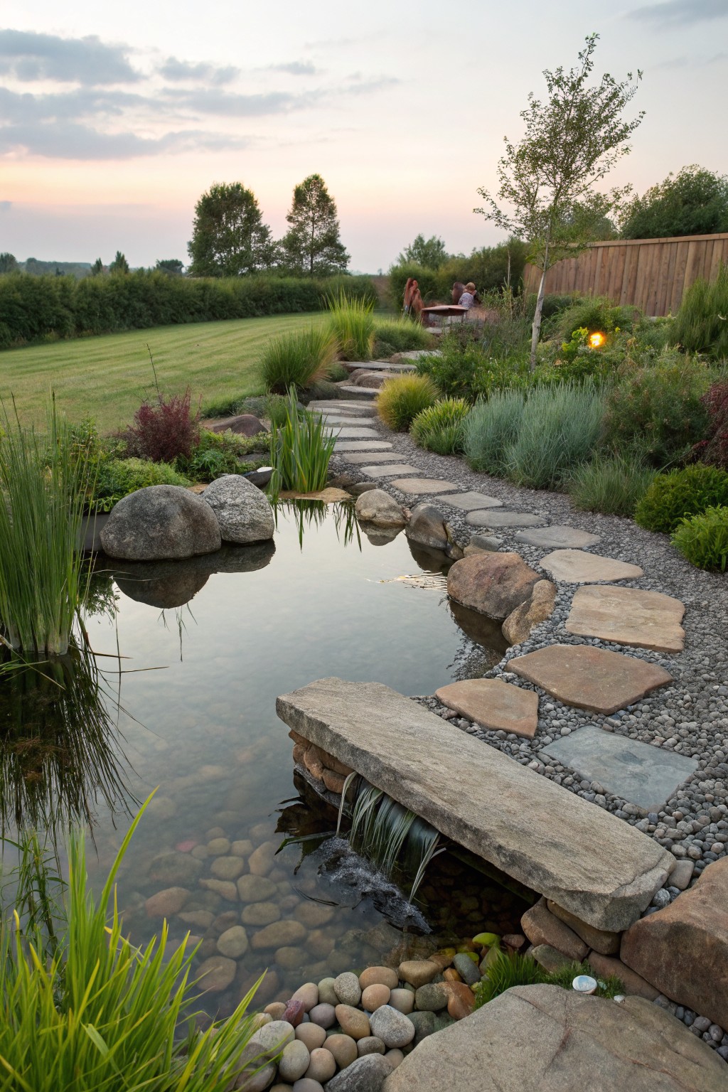 Backyard pond surrounded by large boulders and reeds with a flat stone slab waterfall, a gravel-bordered path of irregular stepping stones winding alongside, and various plants and grasses nearby.