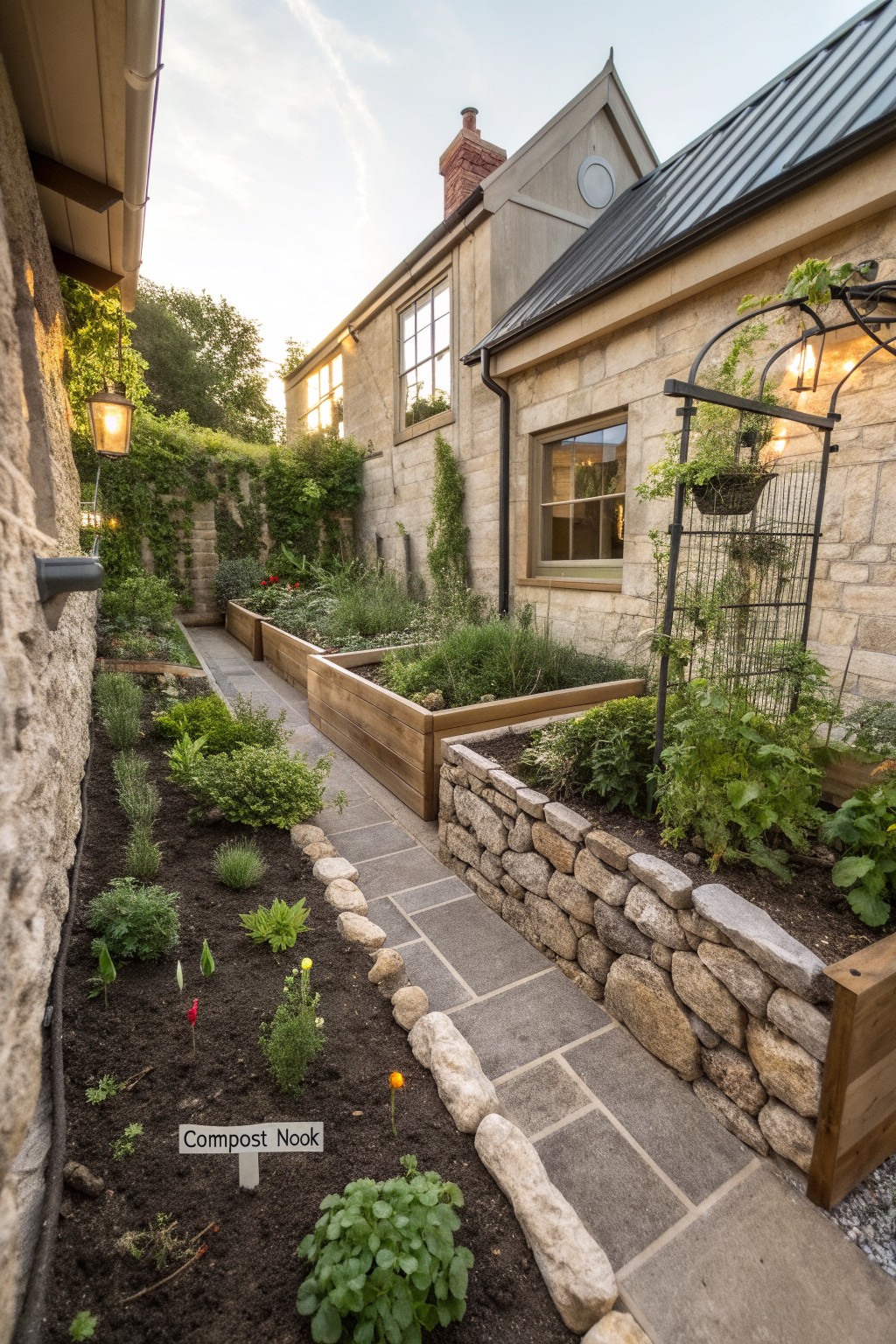 Narrow stone-walled courtyard garden with wooden raised beds filled with herbs and vegetables, a central slate path, climbing plants on an arbor, and a compost nook sign in the foreground.