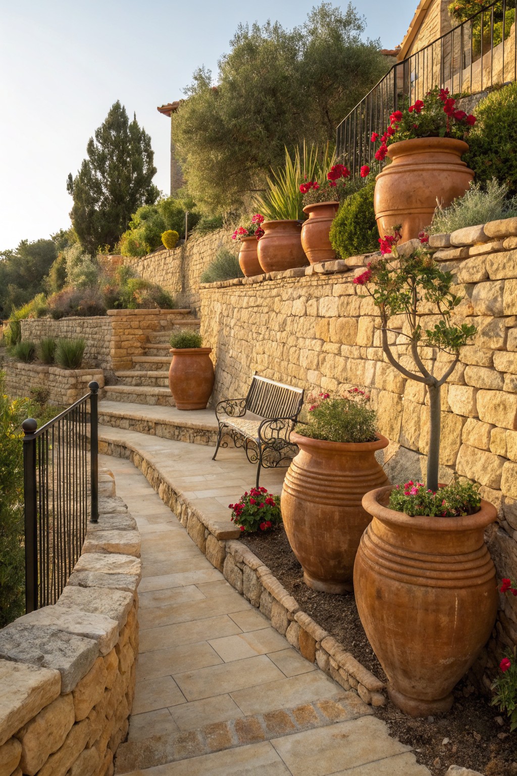 Terraced stone pathway and walls on a hillside lined with large terracotta pots filled with red flowers and greenery, a bench nearby, olive trees, and distant house.