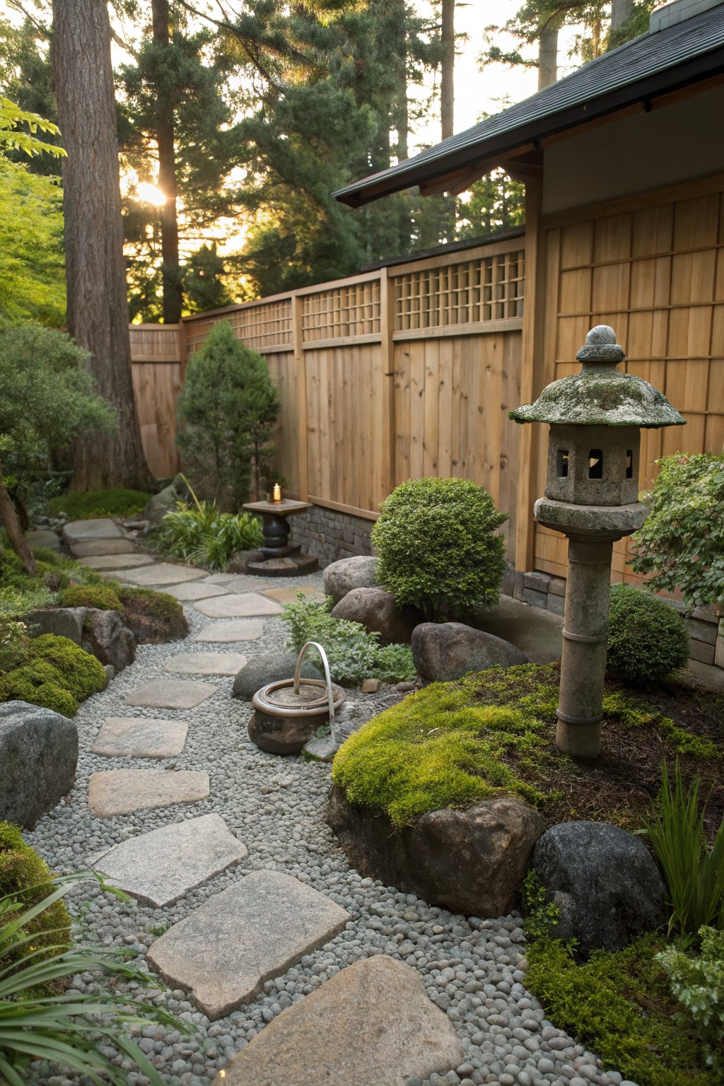 Winding path of irregular gray stone slabs set in white gravel amid moss-covered rocks, evergreen shrubs, and a tall stone lantern next to a wooden house and fence.