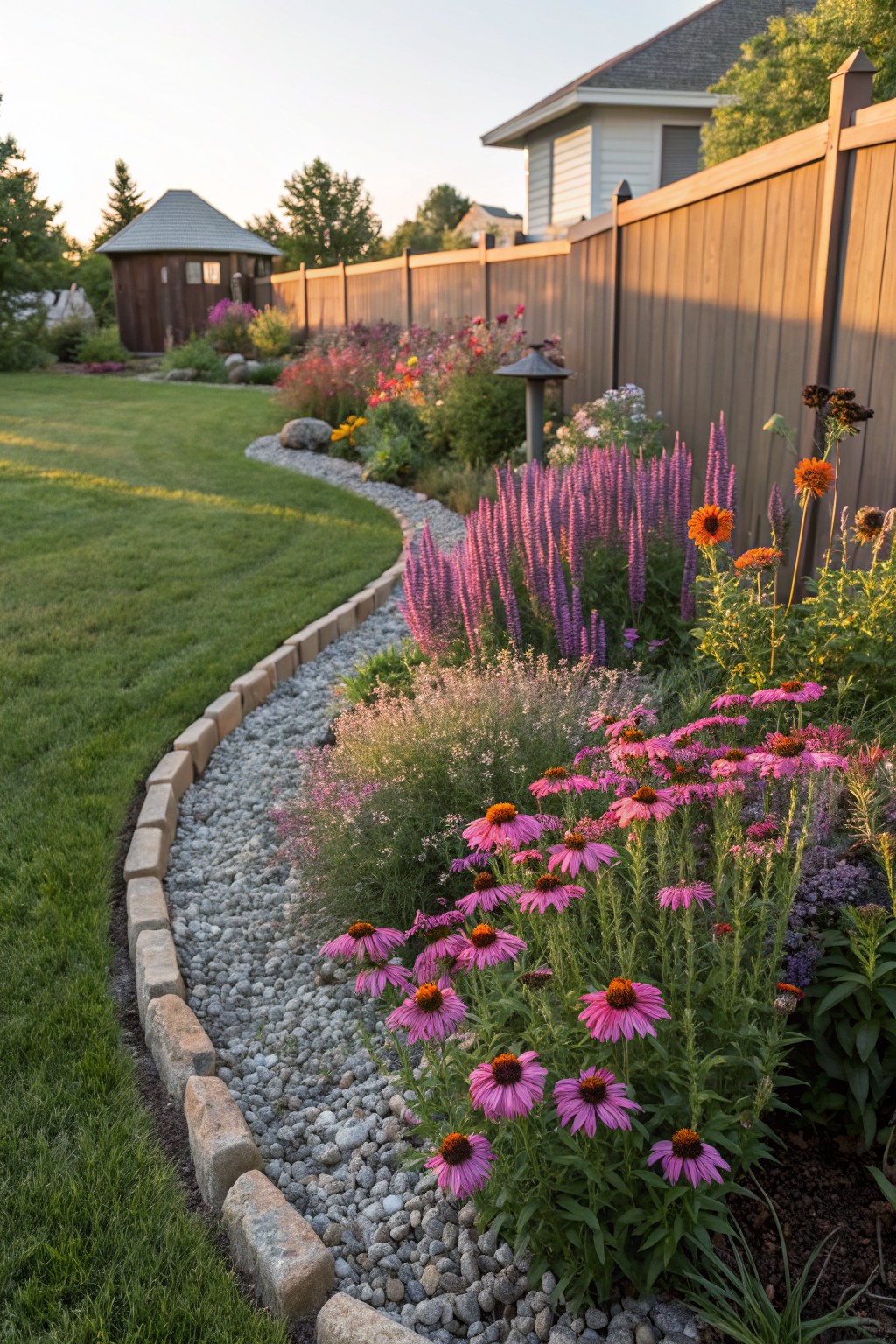 Curving landscape bed edged with beige stone blocks and filled with white gravel mulch supporting pink coneflowers, tall purple phlox stalks, orange black-eyed Susans, and other perennials next to a wooden fence and green lawn.