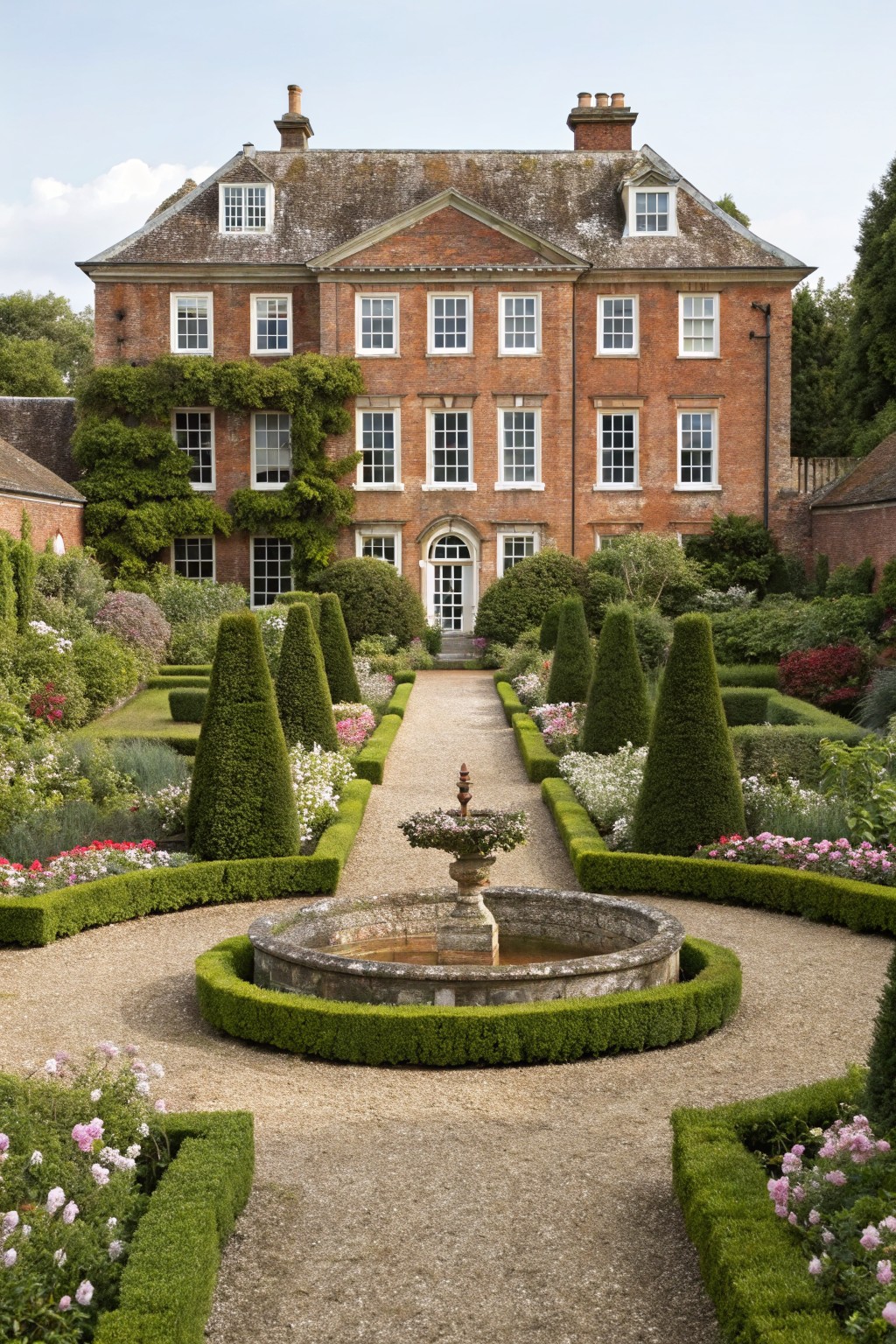 Red brick multi-story house with ivy-covered walls and symmetrical sash windows, fronted by formal garden of conical boxwood topiaries, pink flower beds, gravel paths, and circular stone fountain.