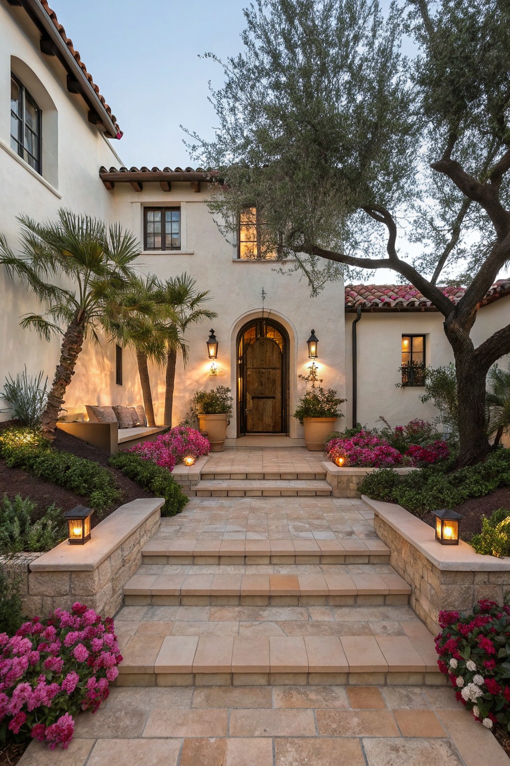 Stone steps flanked by pink flowering shrubs lead to an arched wooden door on a white stucco house with red tile roof, lanterns, palms, and an olive tree.