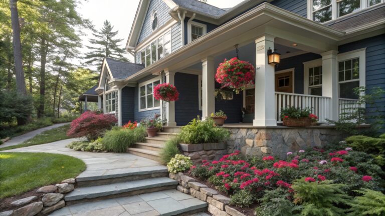 23 Vibrant Impatiens Landscaping Ideas That Light Up the Shade Navy blue clapboard house with white porch columns and wooden ceiling, front door approached by curving flagstone path and steps edged with pink impatiens flowers, ferns, potted plants, and stone walls.