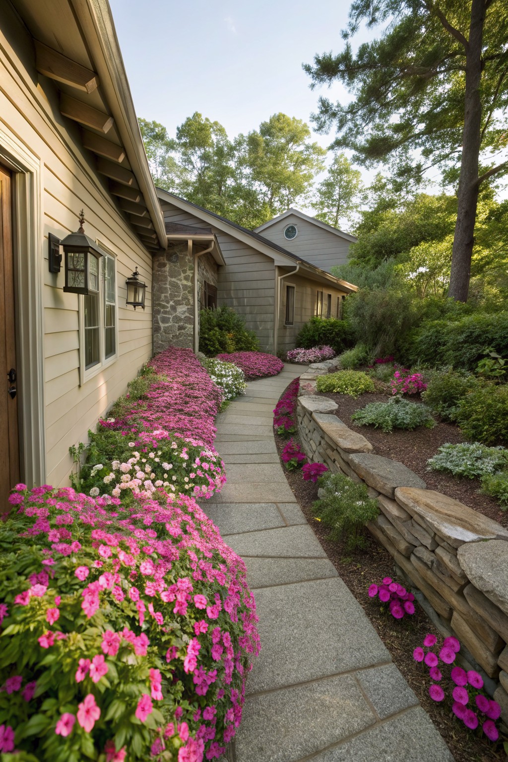 Curved gray stone pathway next to a beige siding house with stone accents, lined with dense pink impatiens flowers against a stone retaining wall and surrounded by green shrubs and trees.