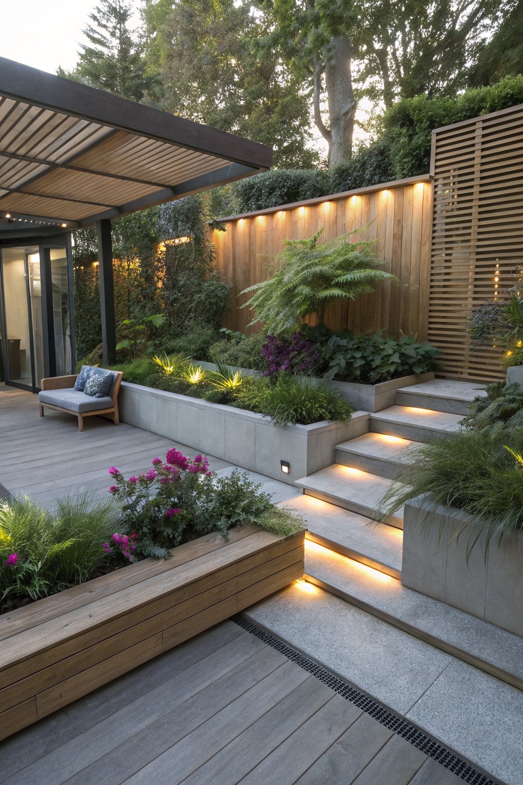 Modern backyard patio with light gray wood decking, white concrete raised planters containing pink flowers and green plants, LED-illuminated concrete steps, wooden bench, pergola structure, and lush greenery against a wooden fence.