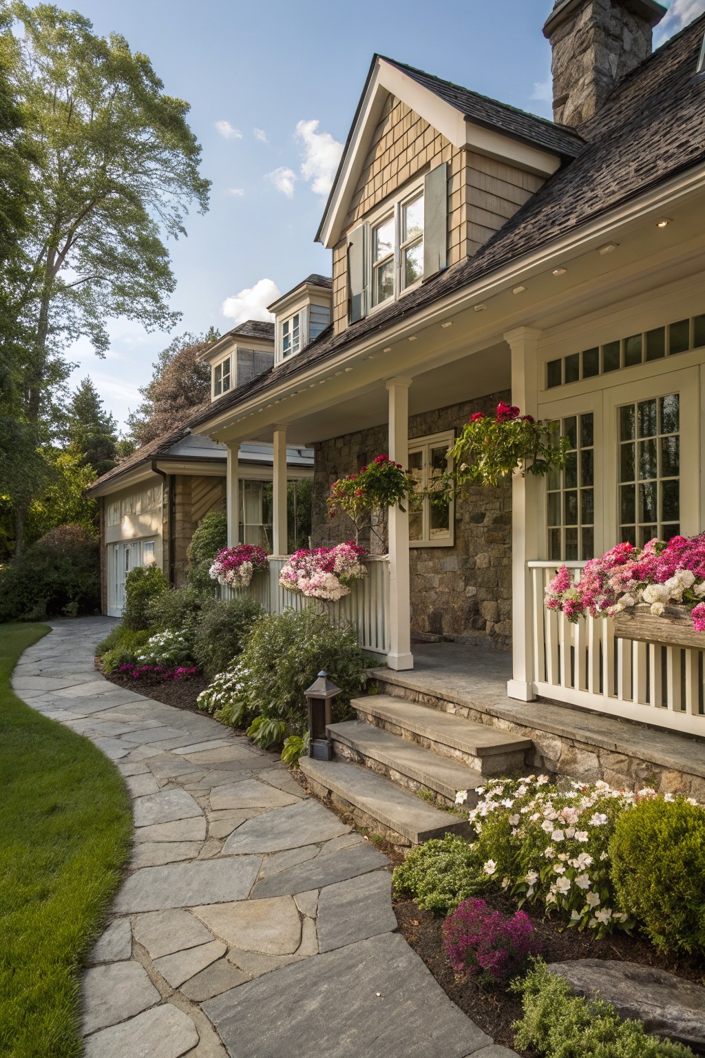 Shingle-style house with wraparound porch, hanging baskets of pink and white impatiens on railings and posts, stone foundation, flagstone path leading to steps, and surrounding shrubs and flowers.