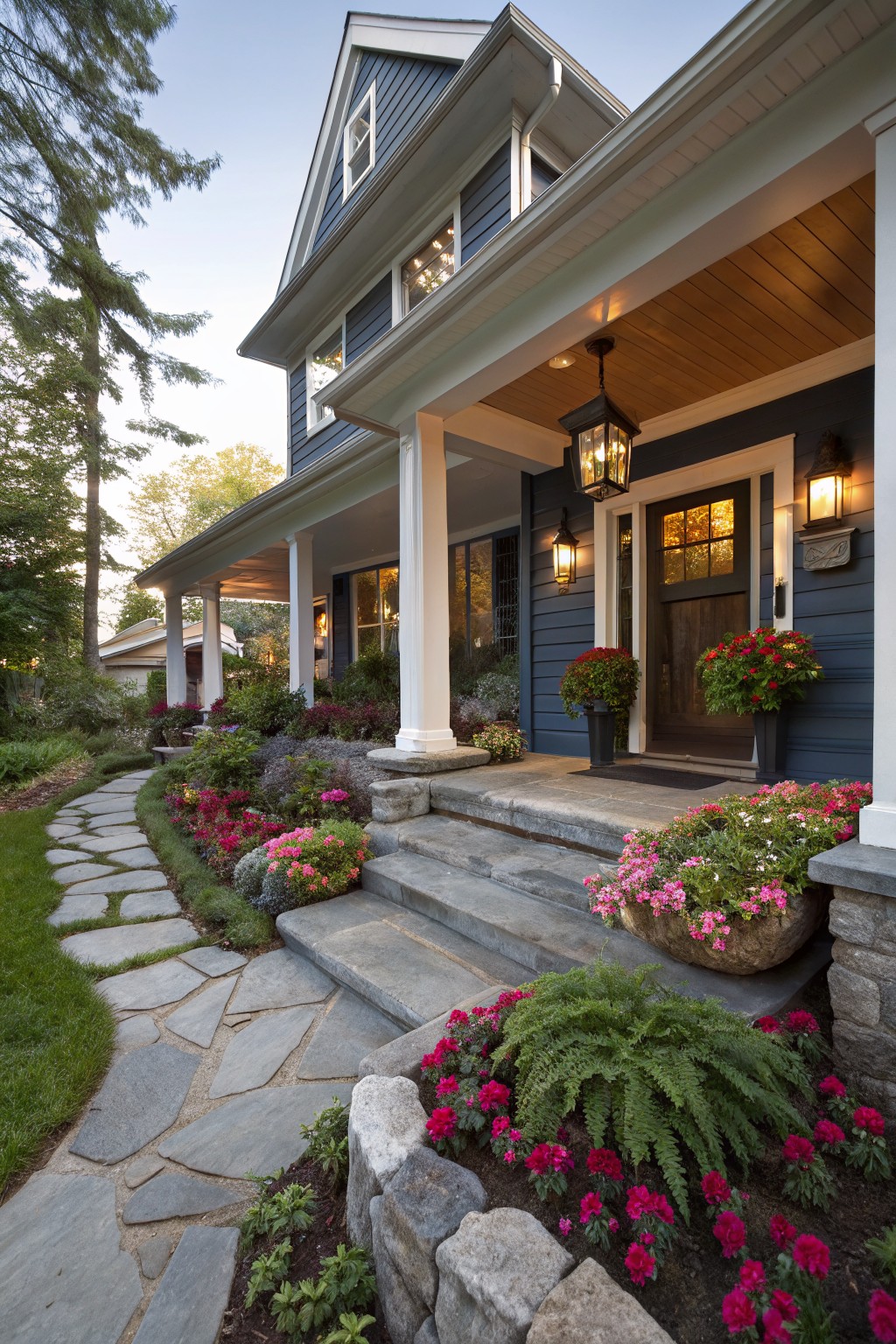 Navy blue clapboard house with white porch columns and wooden ceiling, front door approached by curving flagstone path and steps edged with pink impatiens flowers, ferns, potted plants, and stone walls.