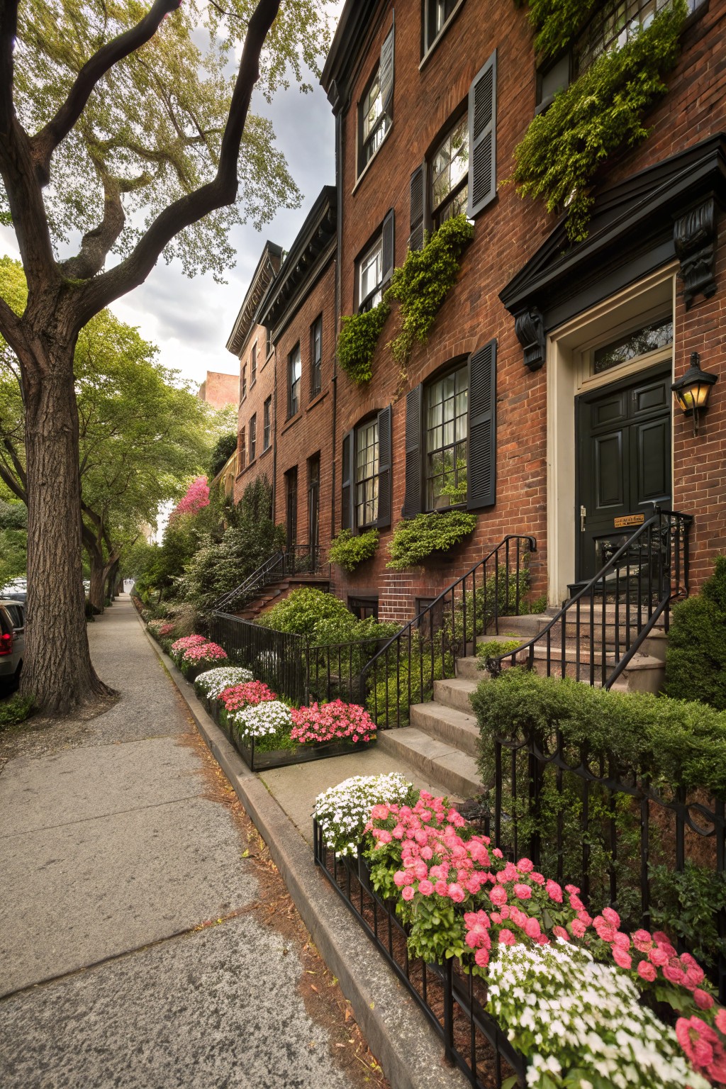 Row of brick townhouses with ivy on walls, black shutters and doors, and pink and white impatiens in raised beds along a black iron fence beside a tree-lined sidewalk.