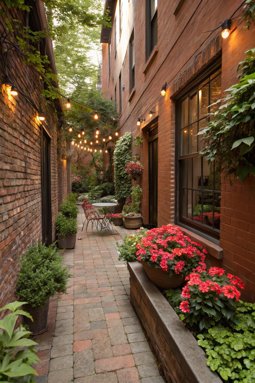 Narrow brick pathway between tall brick walls covered in ivy and plants, with red impatiens in raised beds and pots, string lights overhead, and a small table with red chairs.