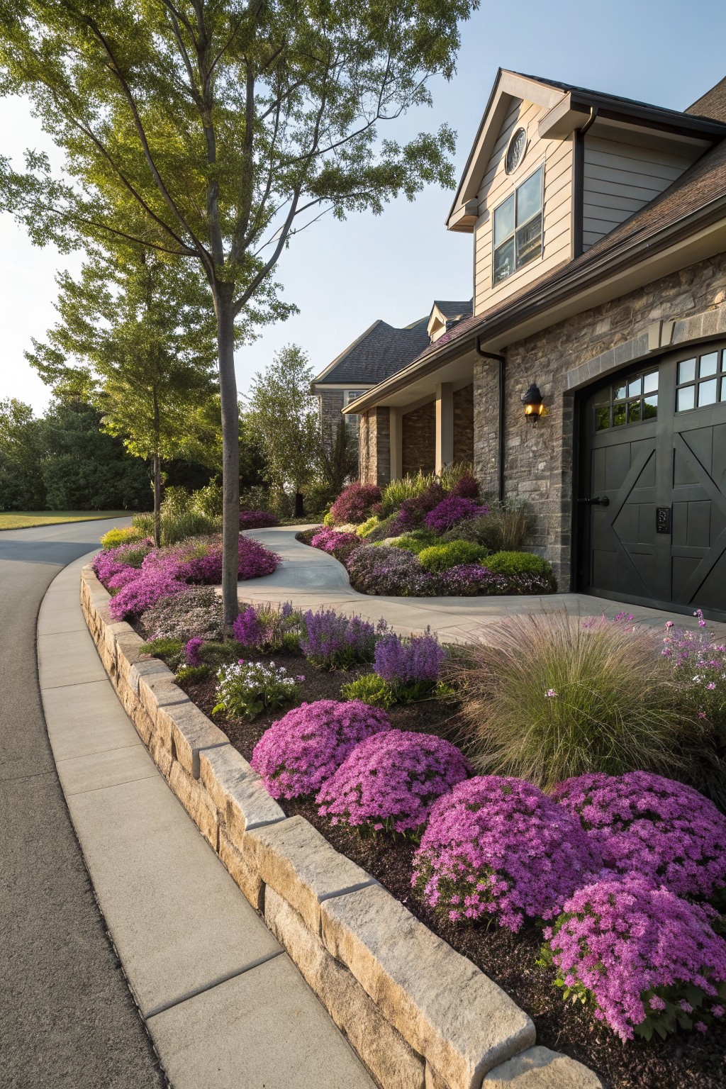 Curved driveway edged by a low stone retaining wall planted with mounded purple flowers, pink blooms, grasses, and shrubs beside a stone and siding house with dark garage door.