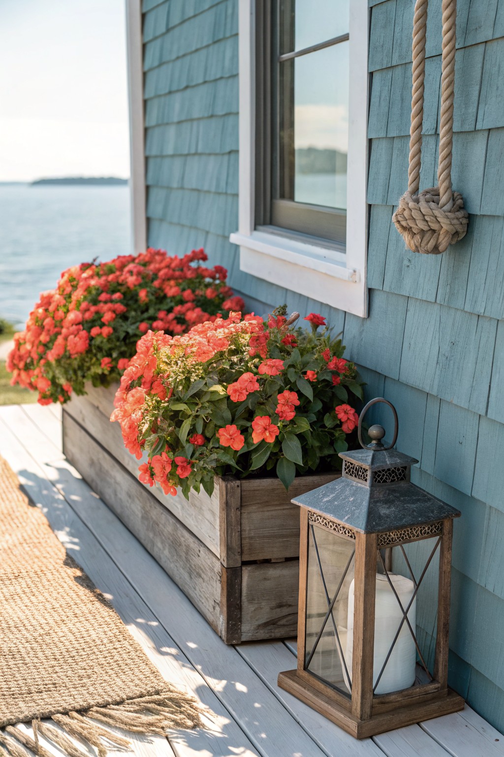 Weathered wooden crate planter overflowing with red impatiens flowers next to a blue shingled house wall on a white deck, with a metal lantern beside it and water view in background.