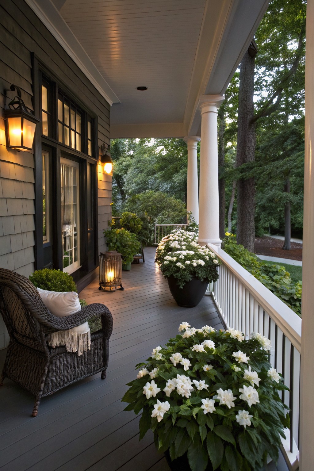 Shaded porch with dark shingle siding, white impatiens in large black pots on railing and floor, wicker chair with pillows and blanket, lanterns, white columns, and trees beyond.