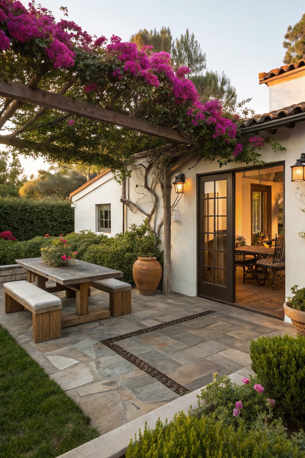 Wooden pergola covered in pink bougainvillea flowers shading a rustic wooden table and benches on a stone patio next to a white stucco house with open French doors, large terracotta pot, and surrounding shrubs and plants.