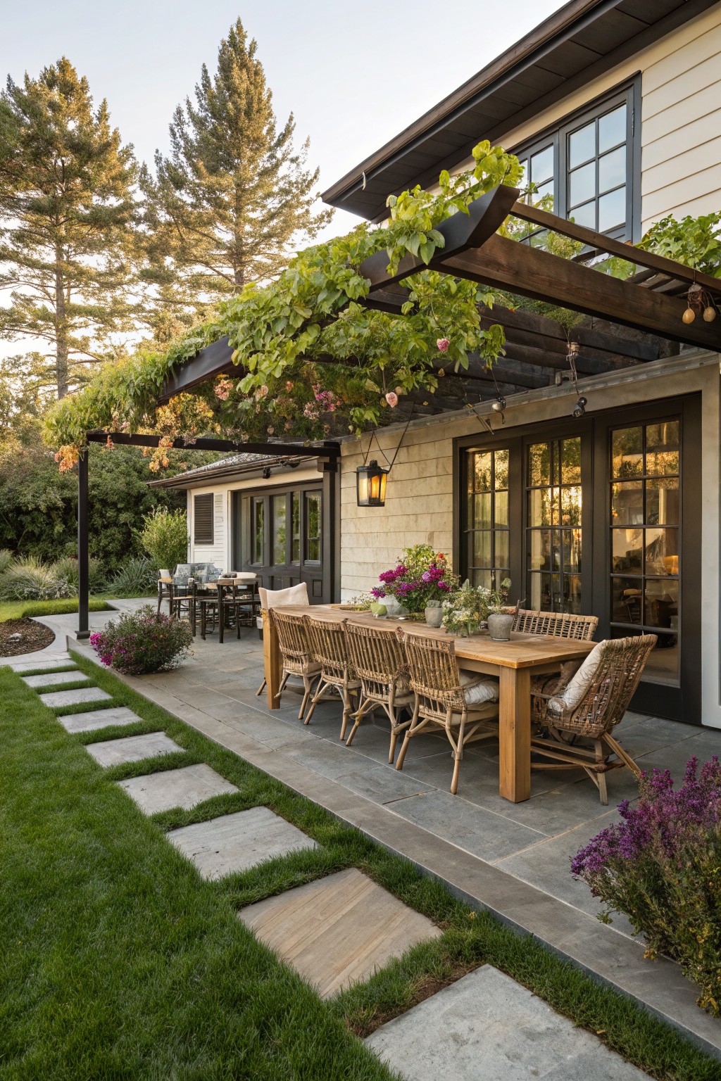 Wooden pergola covered in green vines with pink flowers shades a long rectangular dining table with rattan chairs on a gray stone patio next to a beige house with black-framed doors and windows, edged by grass lawn, stone pavers, and purple flowering shrubs.