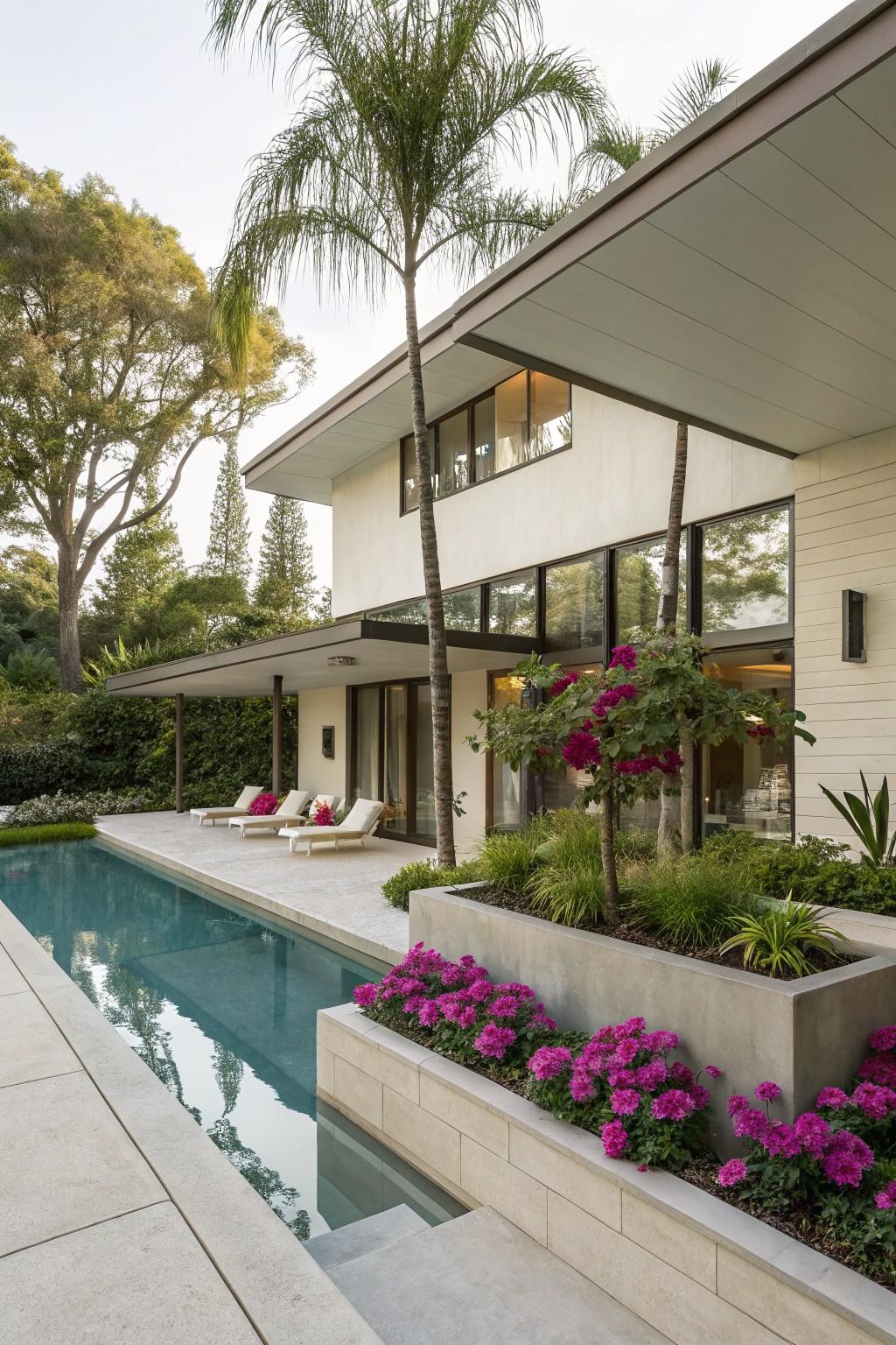 Modern stucco house with overhanging roof and large glass windows overlooking a rectangular pool, white lounge chairs on a stone deck, concrete planters with pink impatiens along the pool edge, and palm trees in the background.