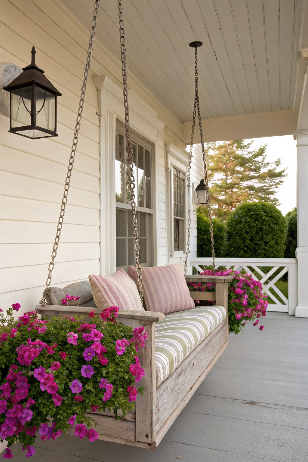 Wooden porch swing hanging from chains with built-in side planters overflowing pink impatiens flowers, pink cushions, and striped seat fabric on a light beige porch with wall lanterns and white railing.