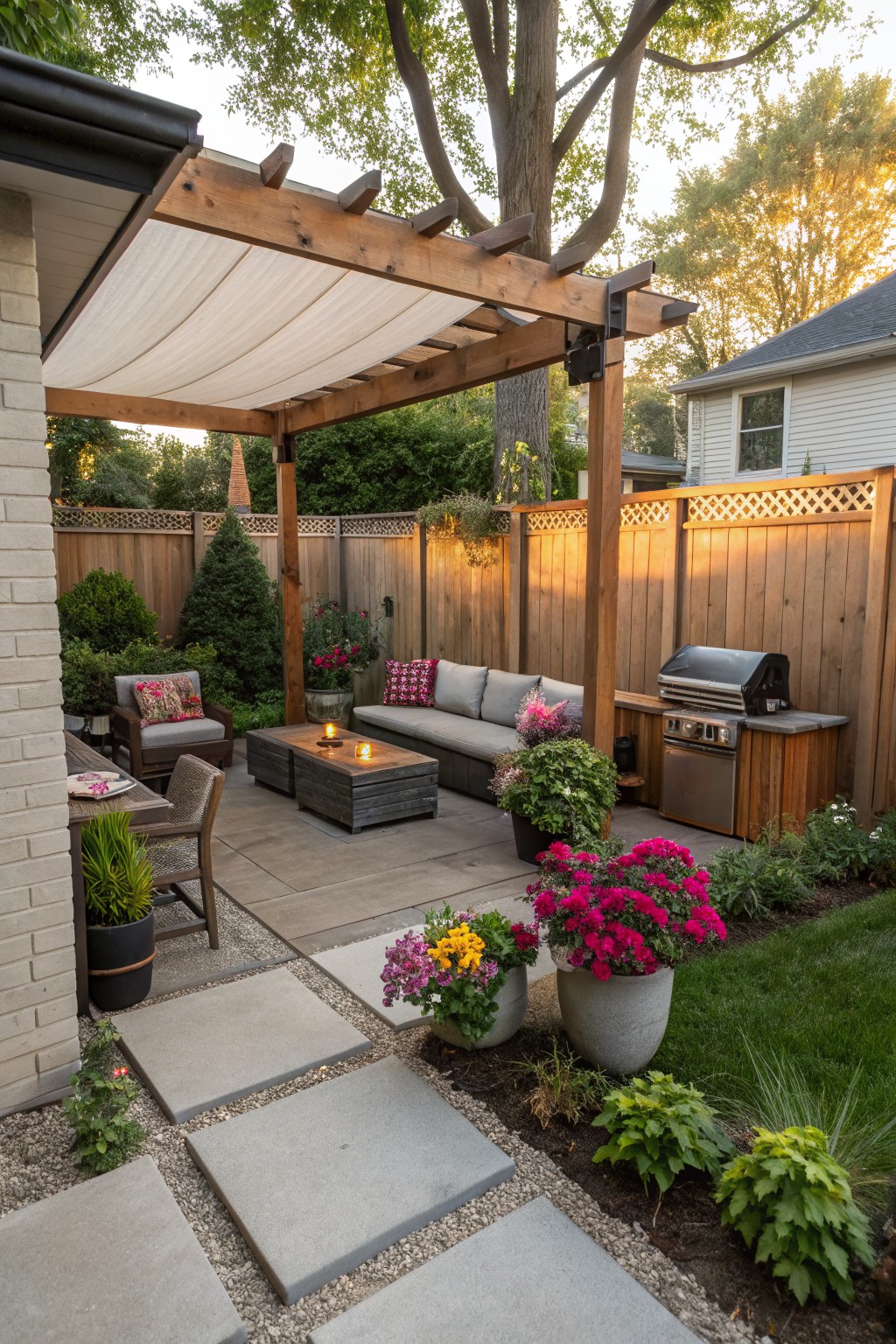 Backyard concrete patio under wooden pergola with white draped fabric, featuring L-shaped sofa, chairs, coffee table, built-in wooden grill cabinet against cedar fence, and various potted plants including pink flowers along the edges.