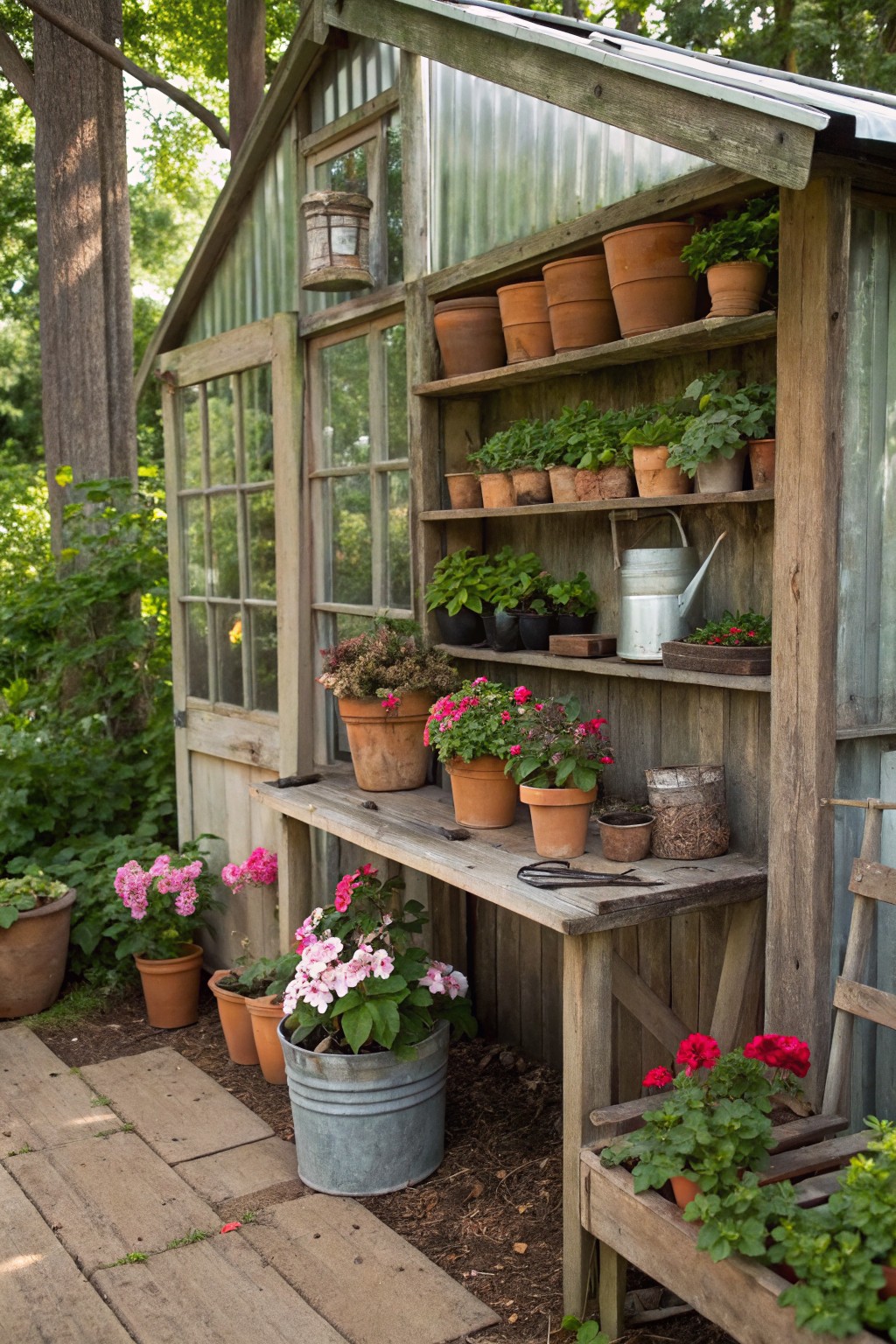 Rustic wooden greenhouse shed with corrugated metal roof, multiple shelves and a workbench holding terracotta pots of pink and red impatiens and other plants, set against trees on a wooden deck.
