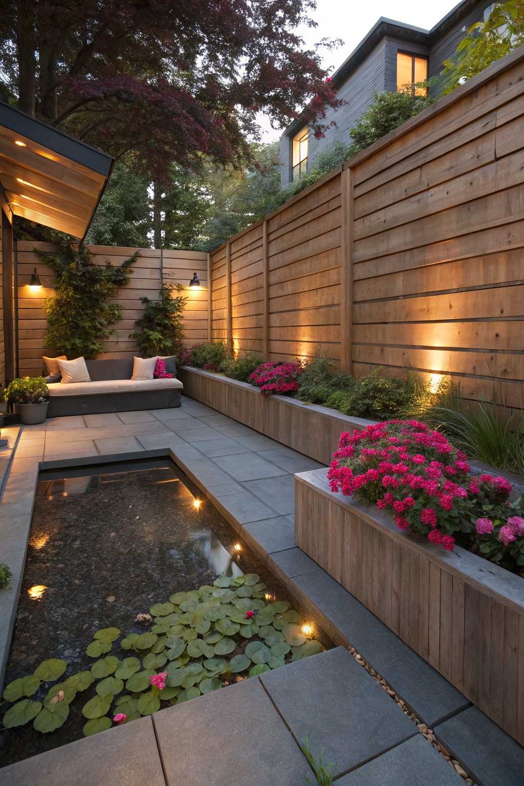 Shaded backyard courtyard with rectangular stone-lined pond and lily pads, raised wooden planters with pink impatiens flowers along the edges, built-in gray bench, slate tile patio, and wooden fence.