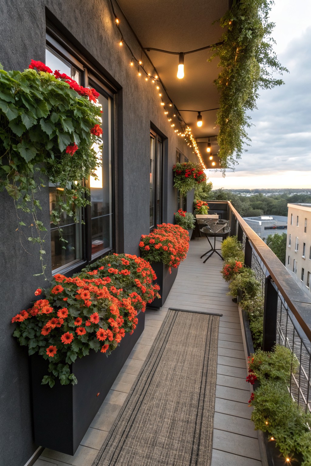 Modern multi-story balcony with dark stucco walls, elongated black rectangular planters filled with red impatiens flowers, string lights overhead, hanging greenery, a gray deck with rug, and a small glass table with chairs.