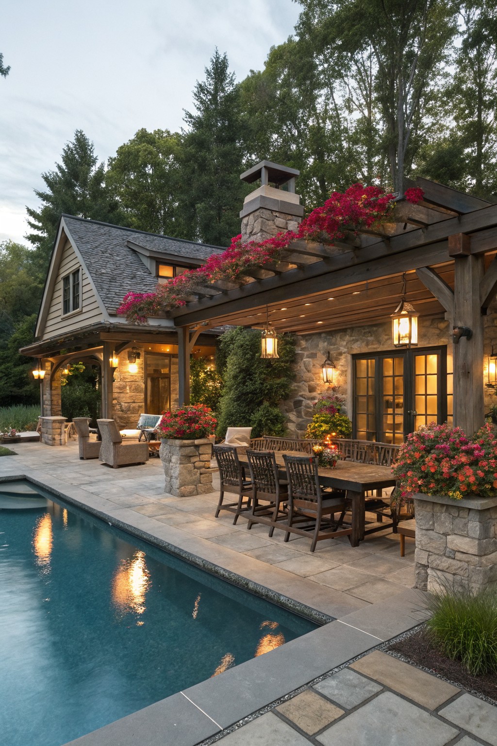 Wooden pergola covered in cascading red flowers over a stone patio with wooden dining table and chairs next to a lit swimming pool and stone house exterior at dusk.
